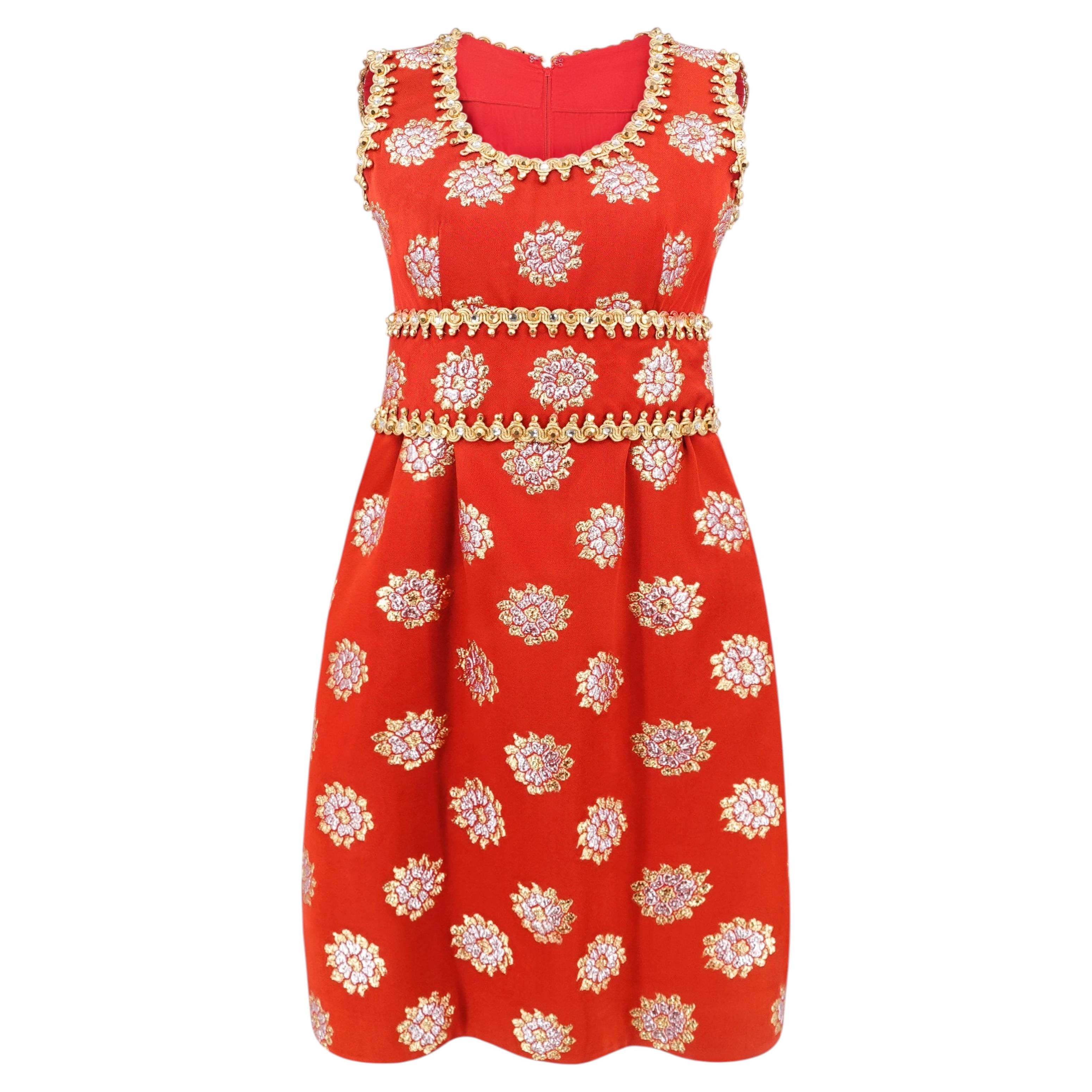Oscar de la Renta 1960s Red Metallic Brocade Bubble-Hem Cocktail Dress