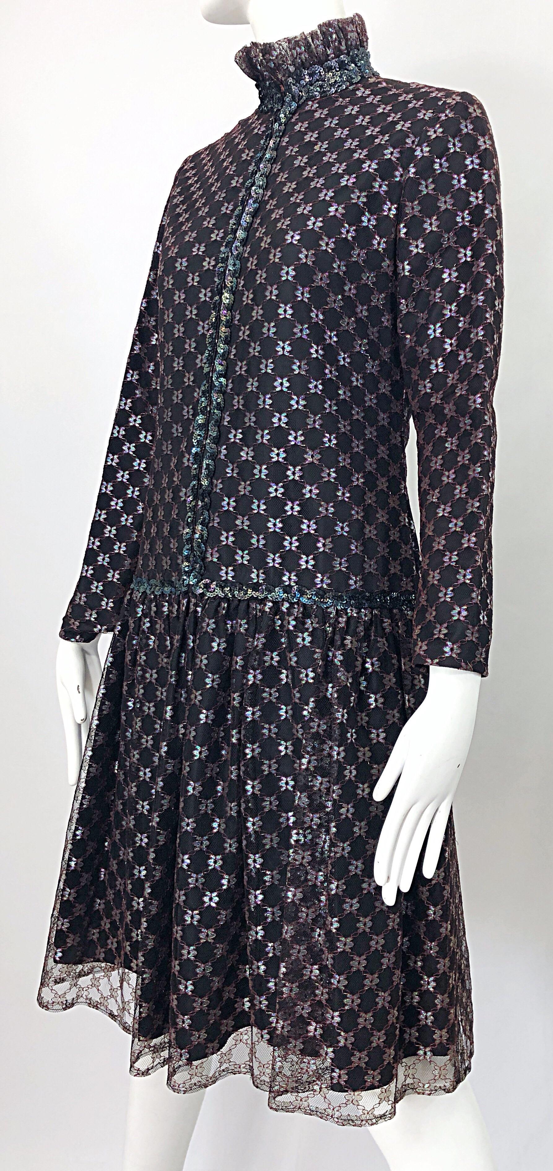 Oscar de la Renta 1960s Black + Burgundy Red Iridescent Sequin Drop Waist Dress For Sale 10