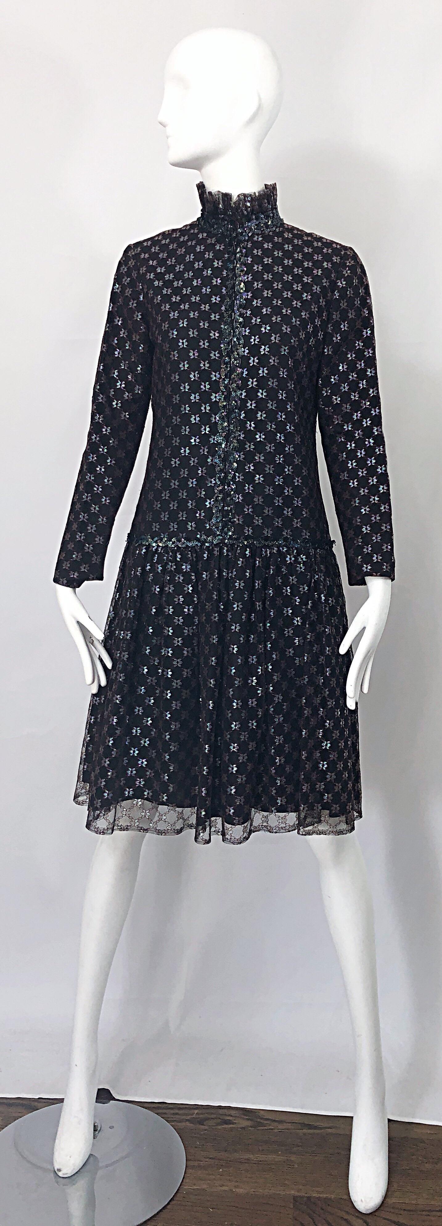 Oscar de la Renta 1960s Black + Burgundy Red Iridescent Sequin Drop Waist Dress For Sale 11
