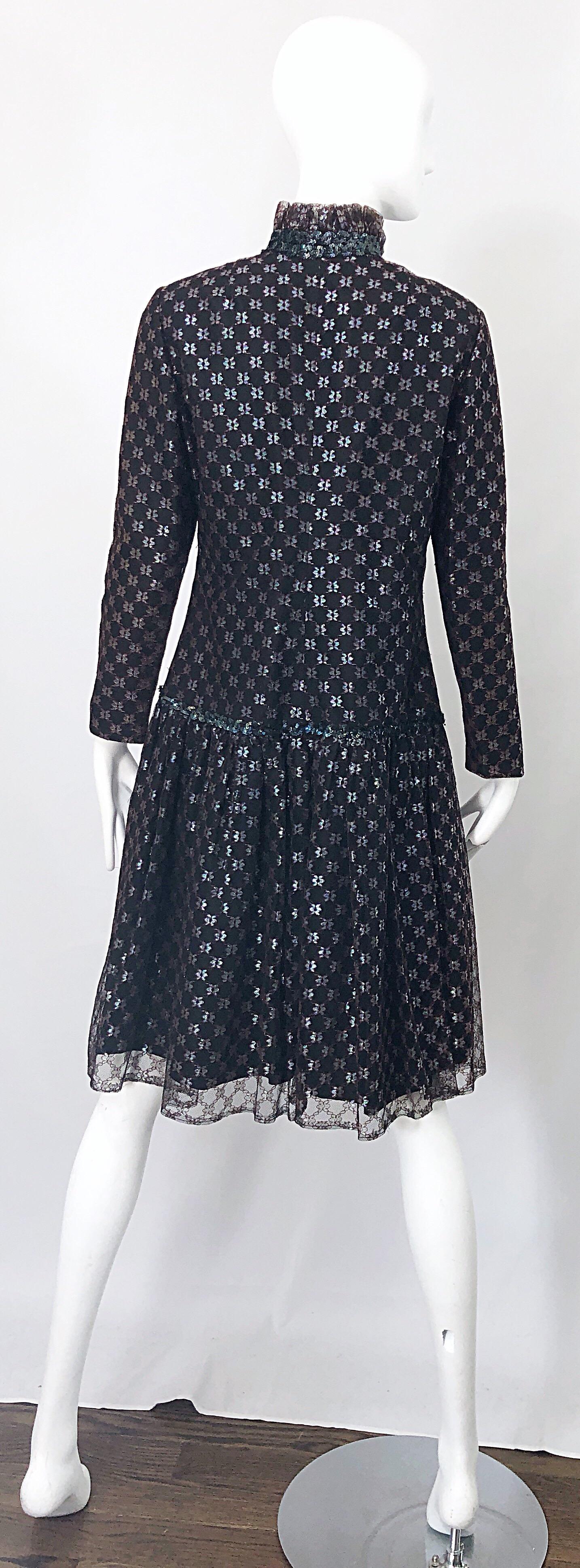 Women's Oscar de la Renta 1960s Black + Burgundy Red Iridescent Sequin Drop Waist Dress For Sale