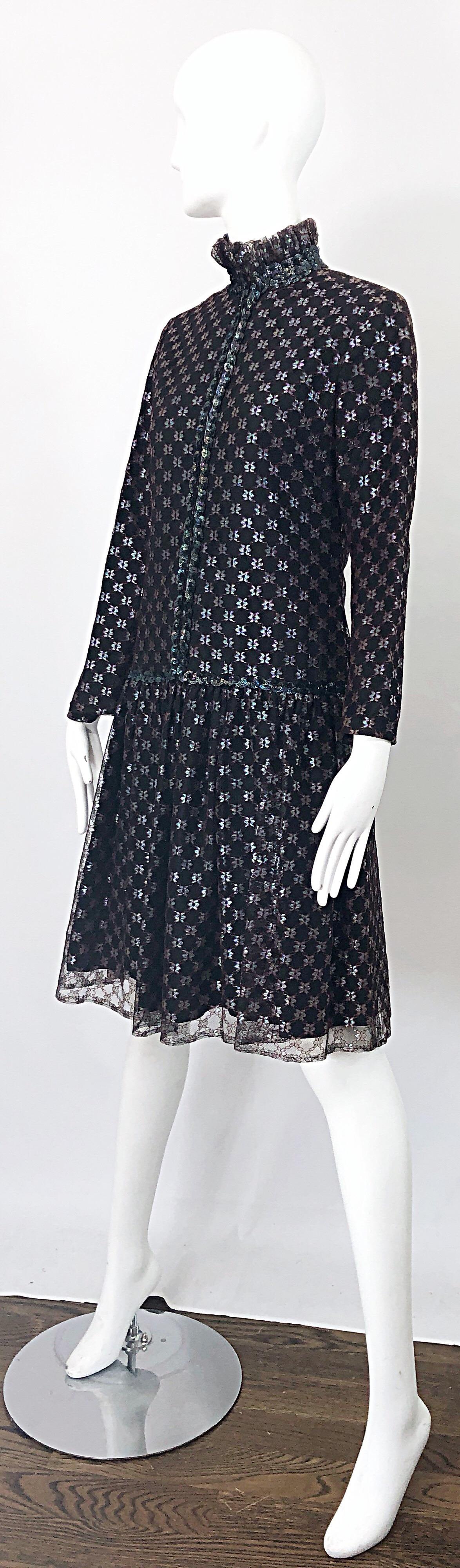 Oscar de la Renta 1960s Black + Burgundy Red Iridescent Sequin Drop Waist Dress For Sale 1