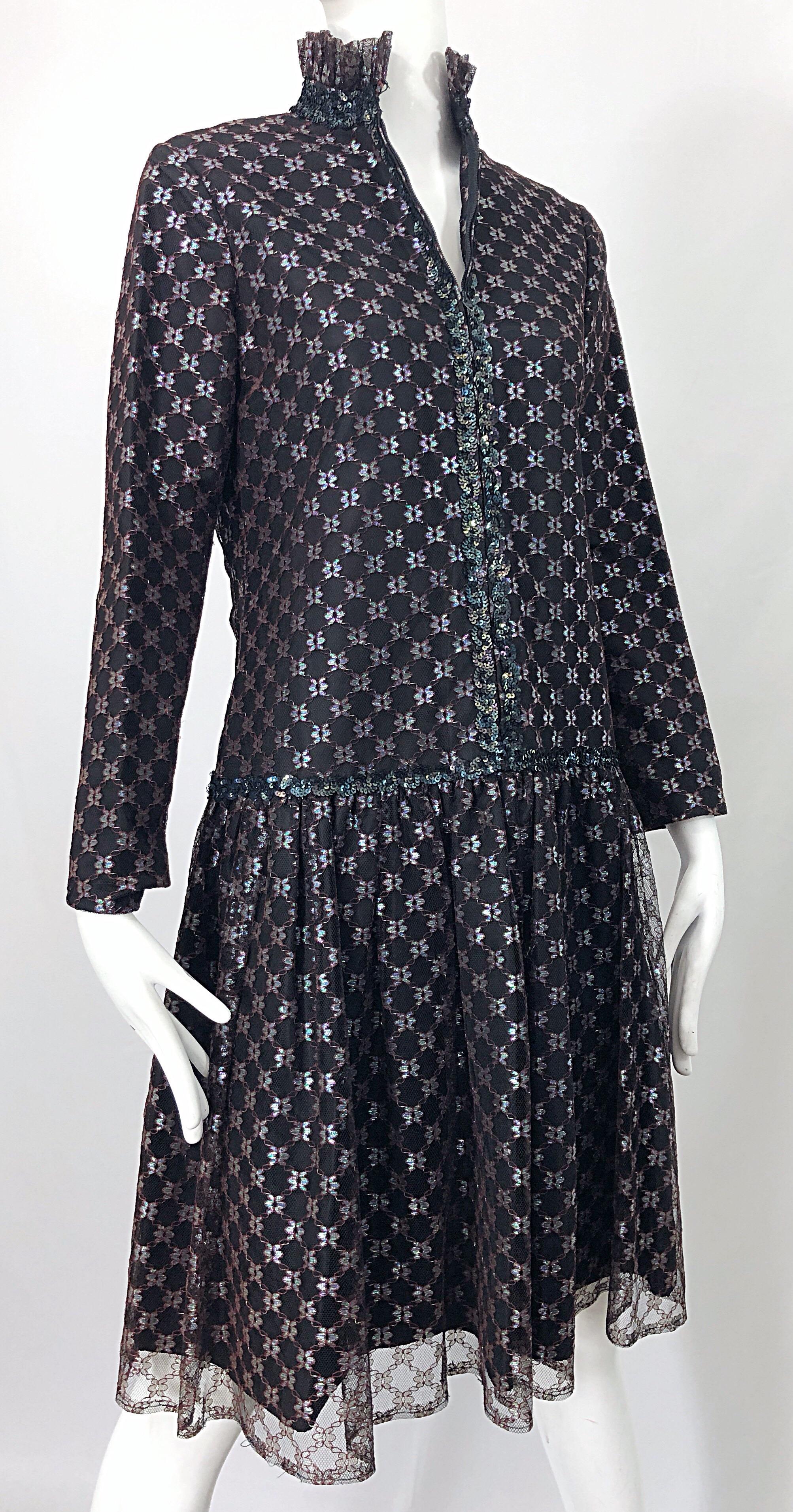 Oscar de la Renta 1960s Black + Burgundy Red Iridescent Sequin Drop Waist Dress For Sale 3