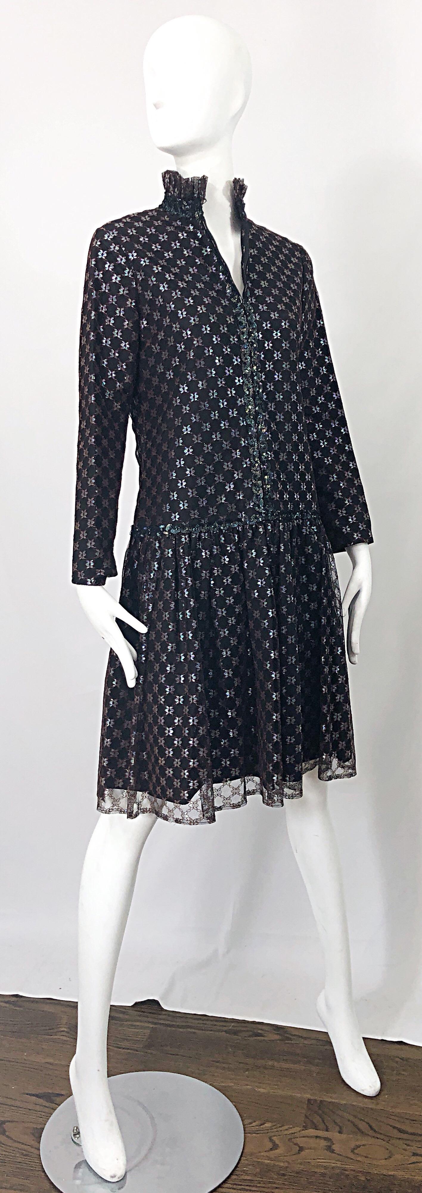 Oscar de la Renta 1960s Black + Burgundy Red Iridescent Sequin Drop Waist Dress For Sale 5