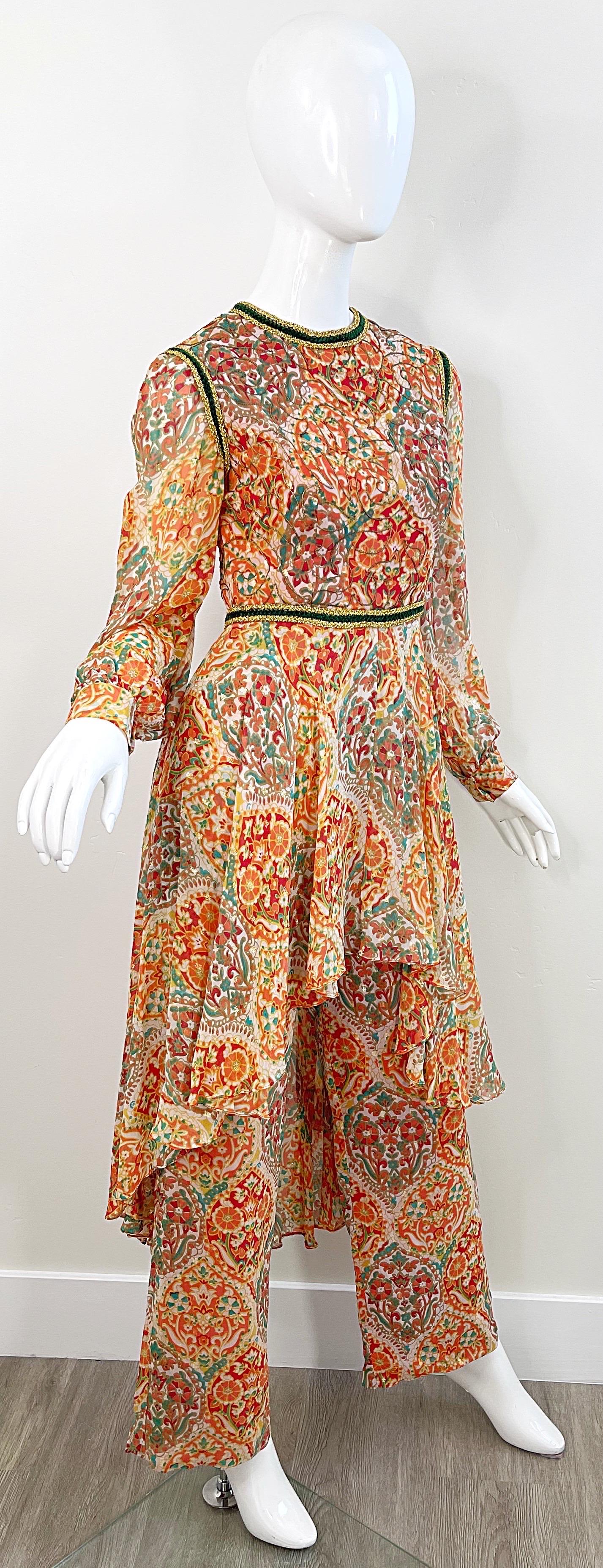 Women's Oscar de la Renta 1970s Boho Batik Paisley Print Vintage 70s Wide Leg Jumpsuit For Sale