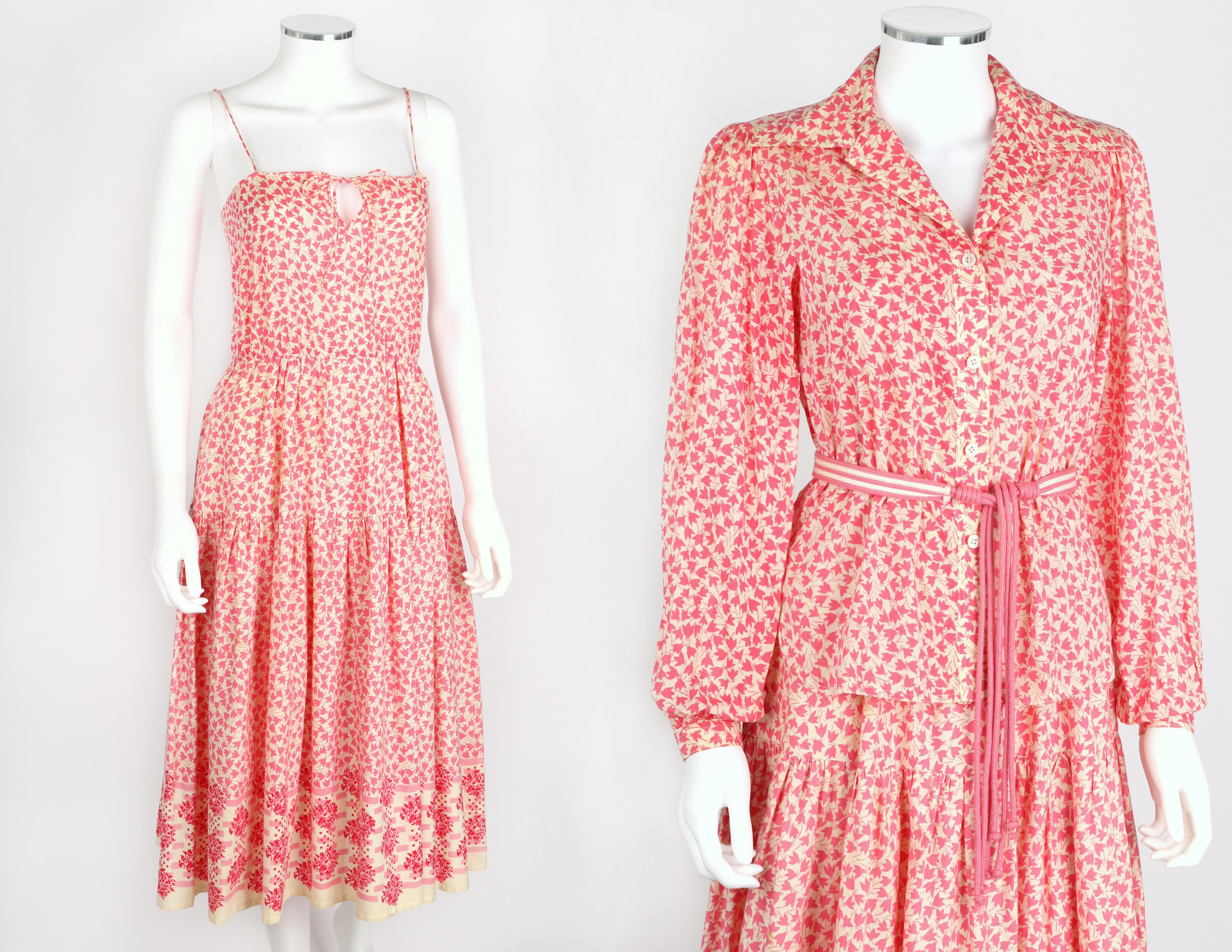 OSCAR de la RENTA 1970s Ivory Pink Floral Cotton Sundress Top Scarf Belt Set 6 In Good Condition In Thiensville, WI