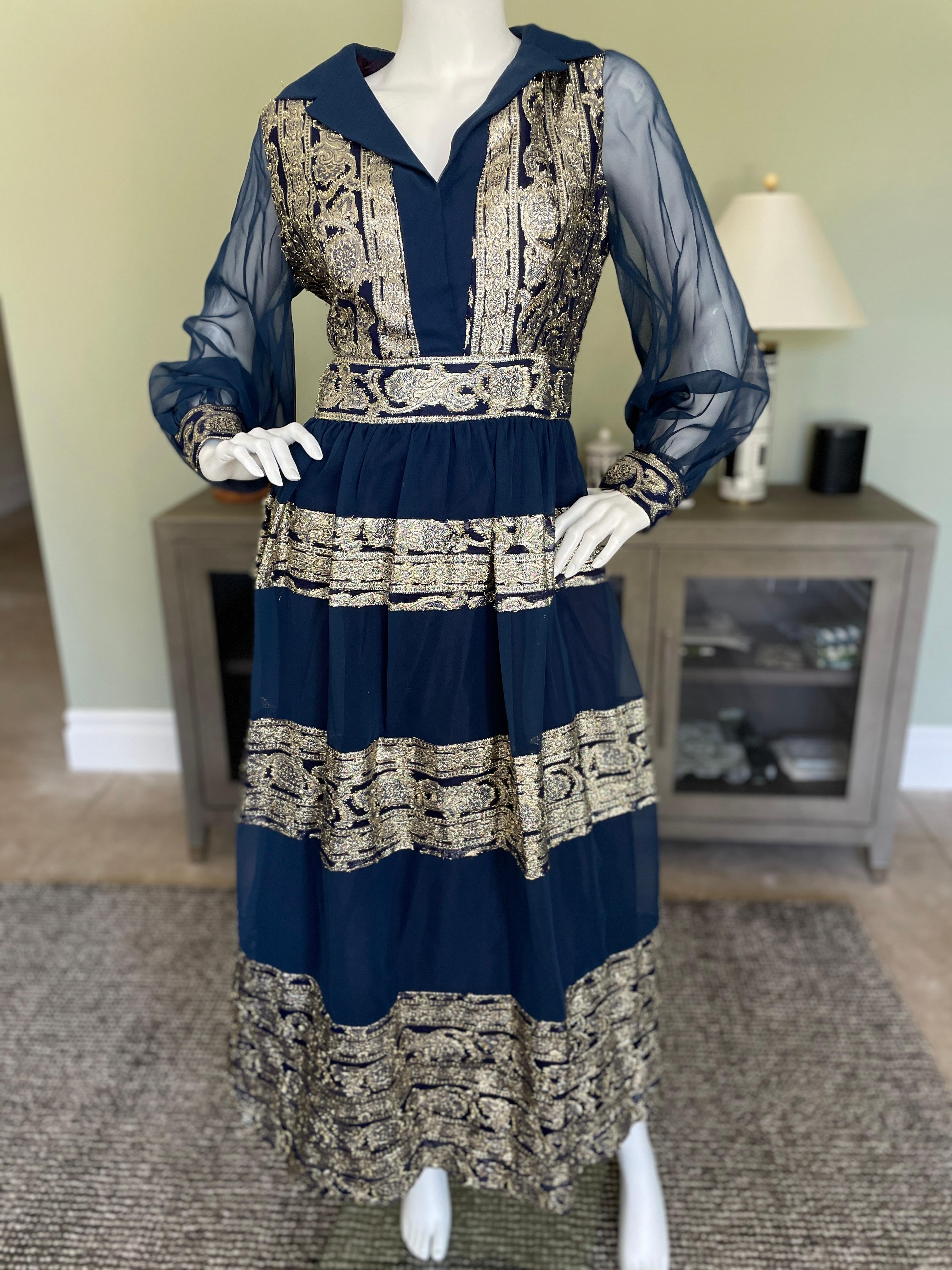 Oscar de la Renta  1970's Metallic Gold and Navy Cocktail Dress
Stunning. Please use the zoom feature to see all the remarkable details. 
 Size 4-6 (no size label)
 Bust 39