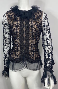 Oscar de La Renta 1980’s Black Lace Embellished Beaded Top Jacket-Size 10