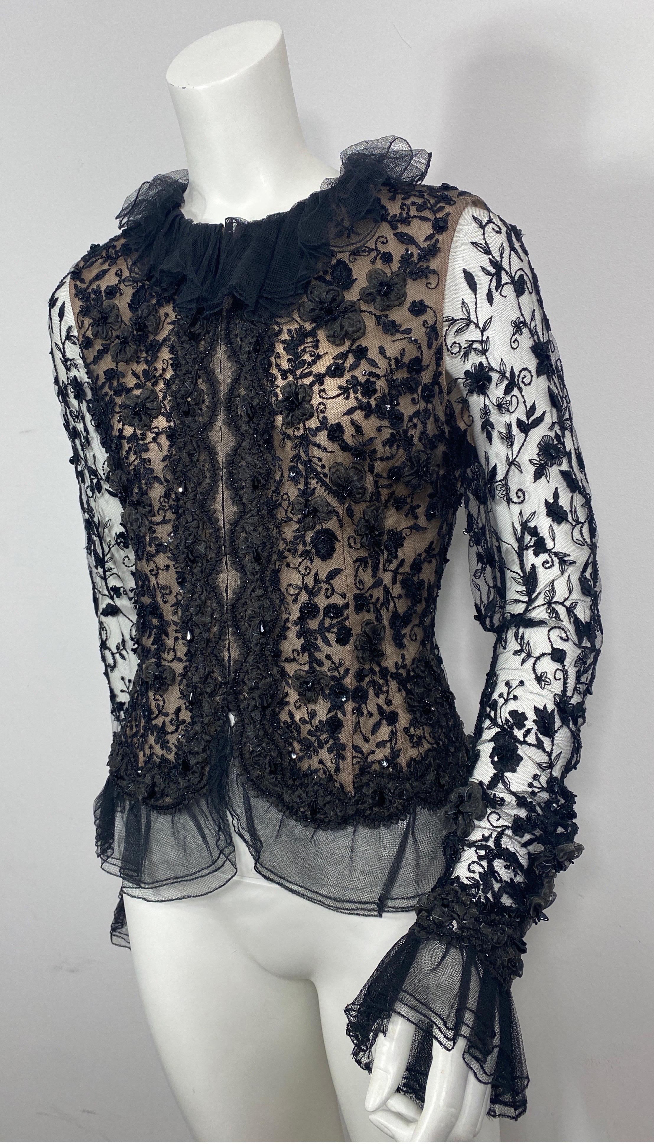 Oscar de La Renta 1980’s Black Lace Embellished Beaded Top Jacket-Size 10 In Excellent Condition For Sale In West Palm Beach, FL