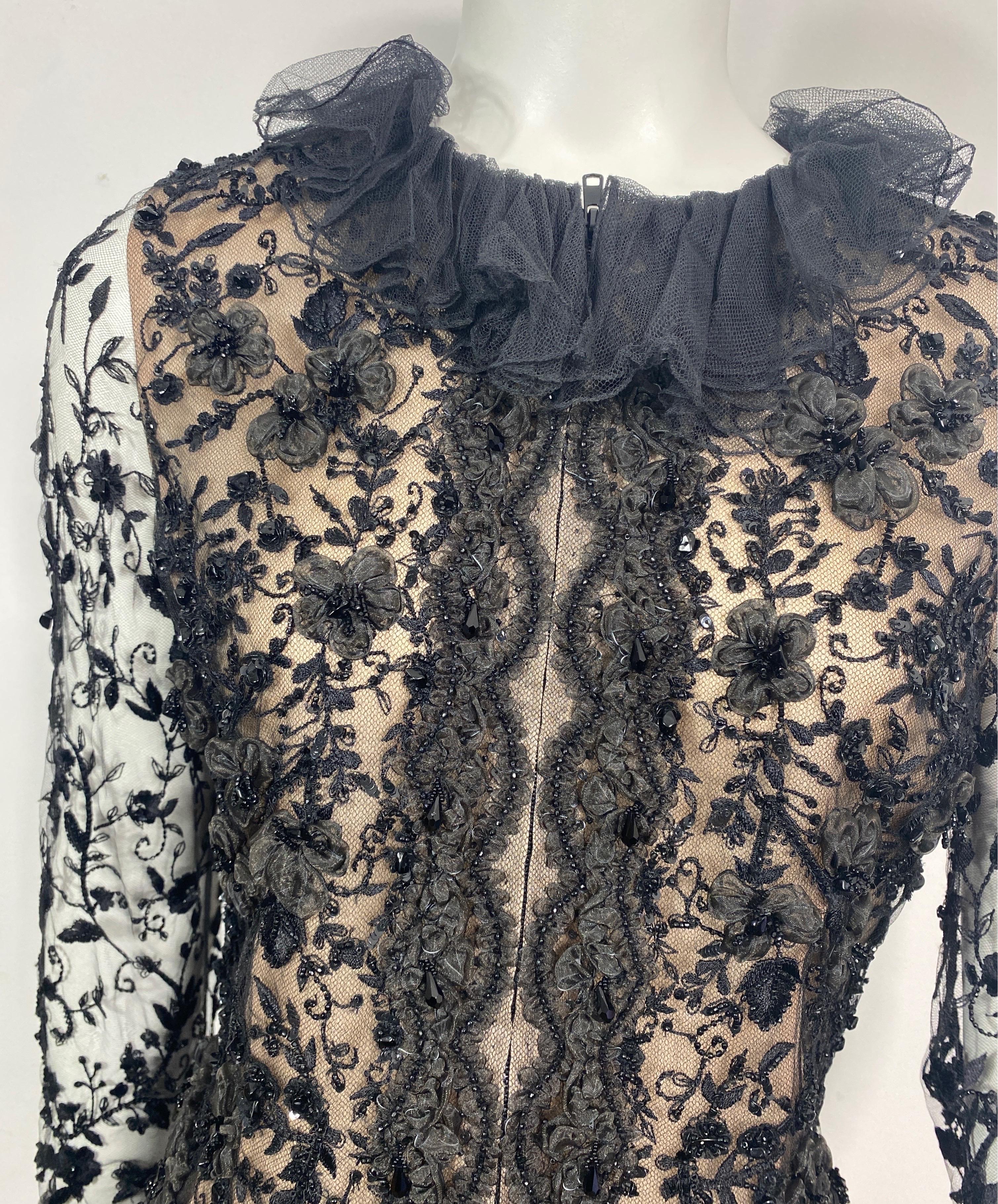Women's Oscar de La Renta 1980’s Black Lace Embellished Beaded Top Jacket-Size 10 For Sale