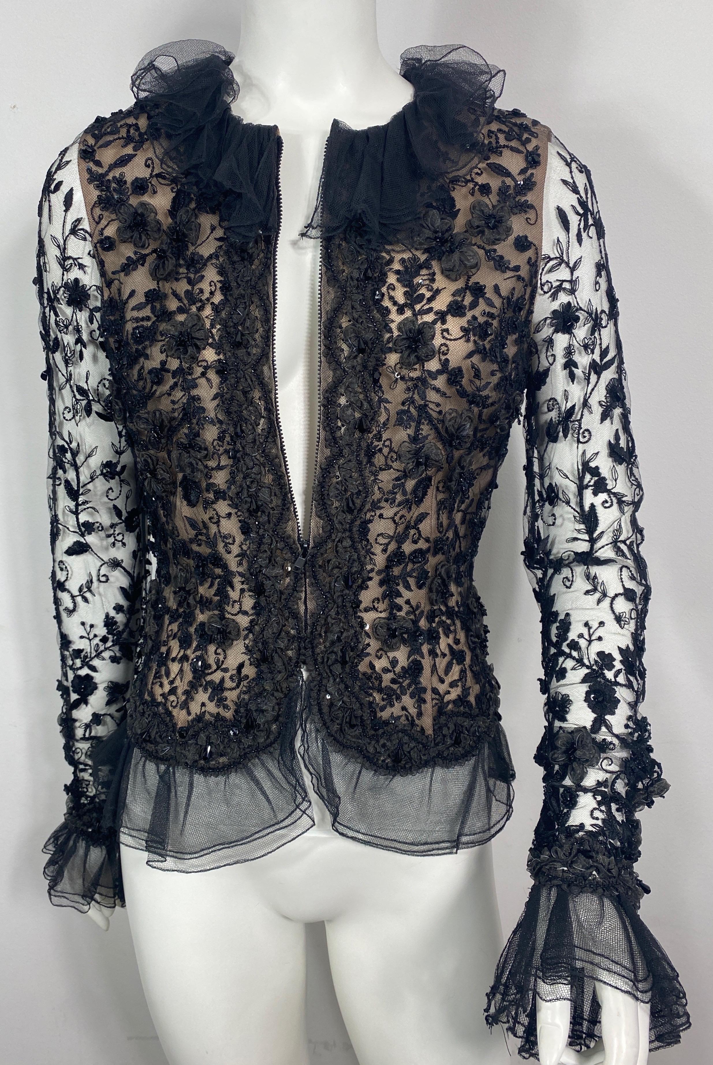 Oscar de La Renta 1980’s Black Lace Embellished Beaded Top Jacket-Size 10 For Sale 3