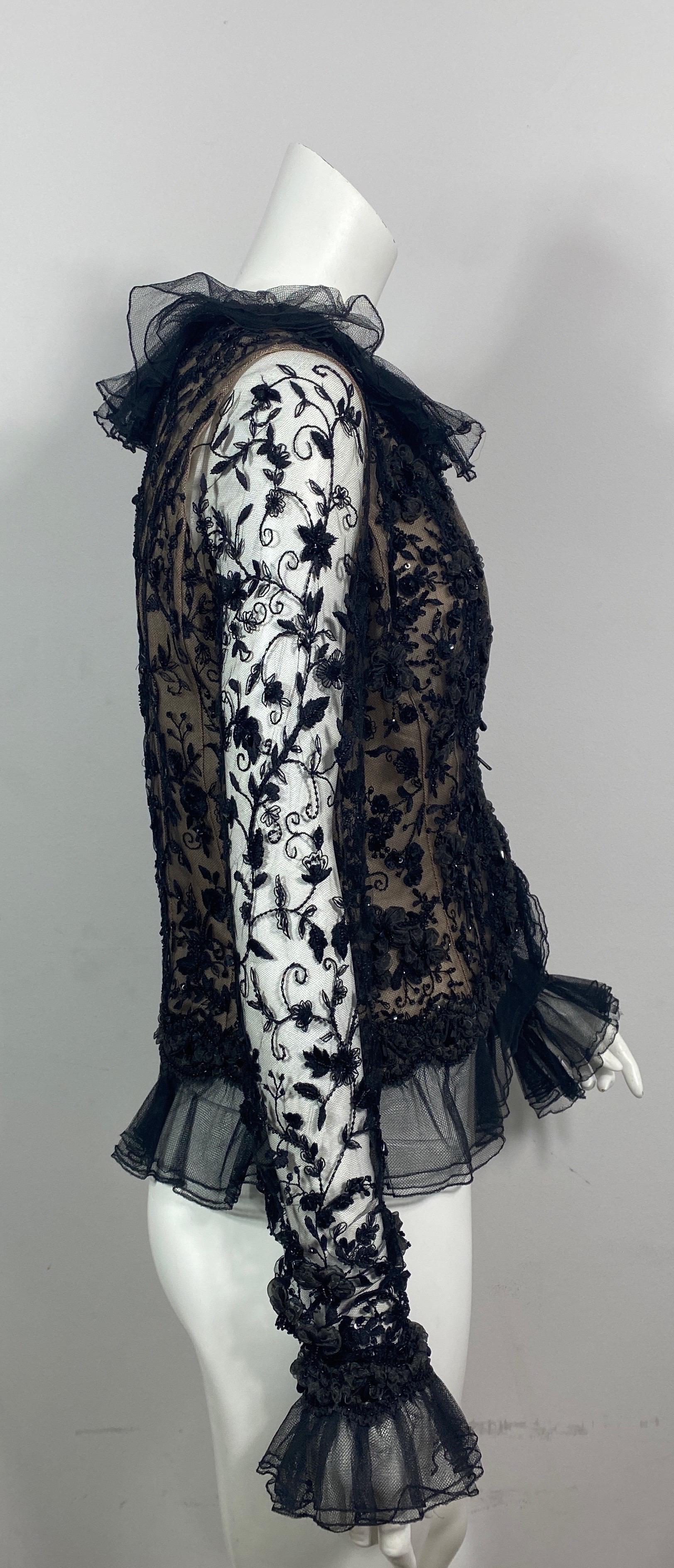 Oscar de La Renta 1980’s Black Lace Embellished Beaded Top Jacket-Size 10 For Sale 4