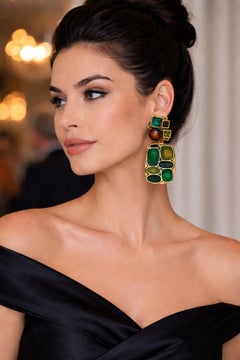 Oscar de la Renta 1980s Brass Modernist Dangle Earrings with Crystals