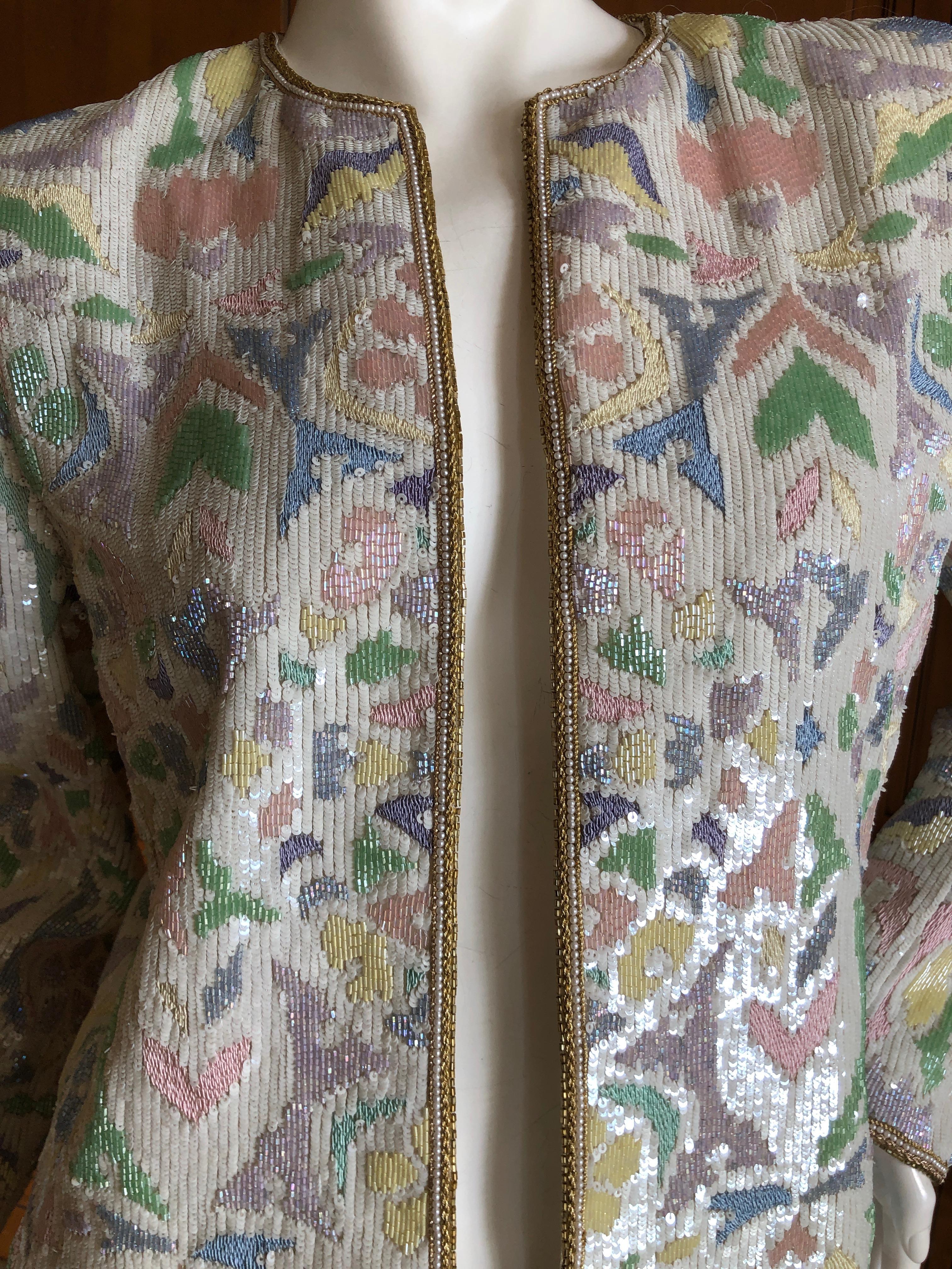 Gray Oscar de la Renta 1980's Pastel Sequin and Pearl Embellished Evening Jacket Sz 6 For Sale