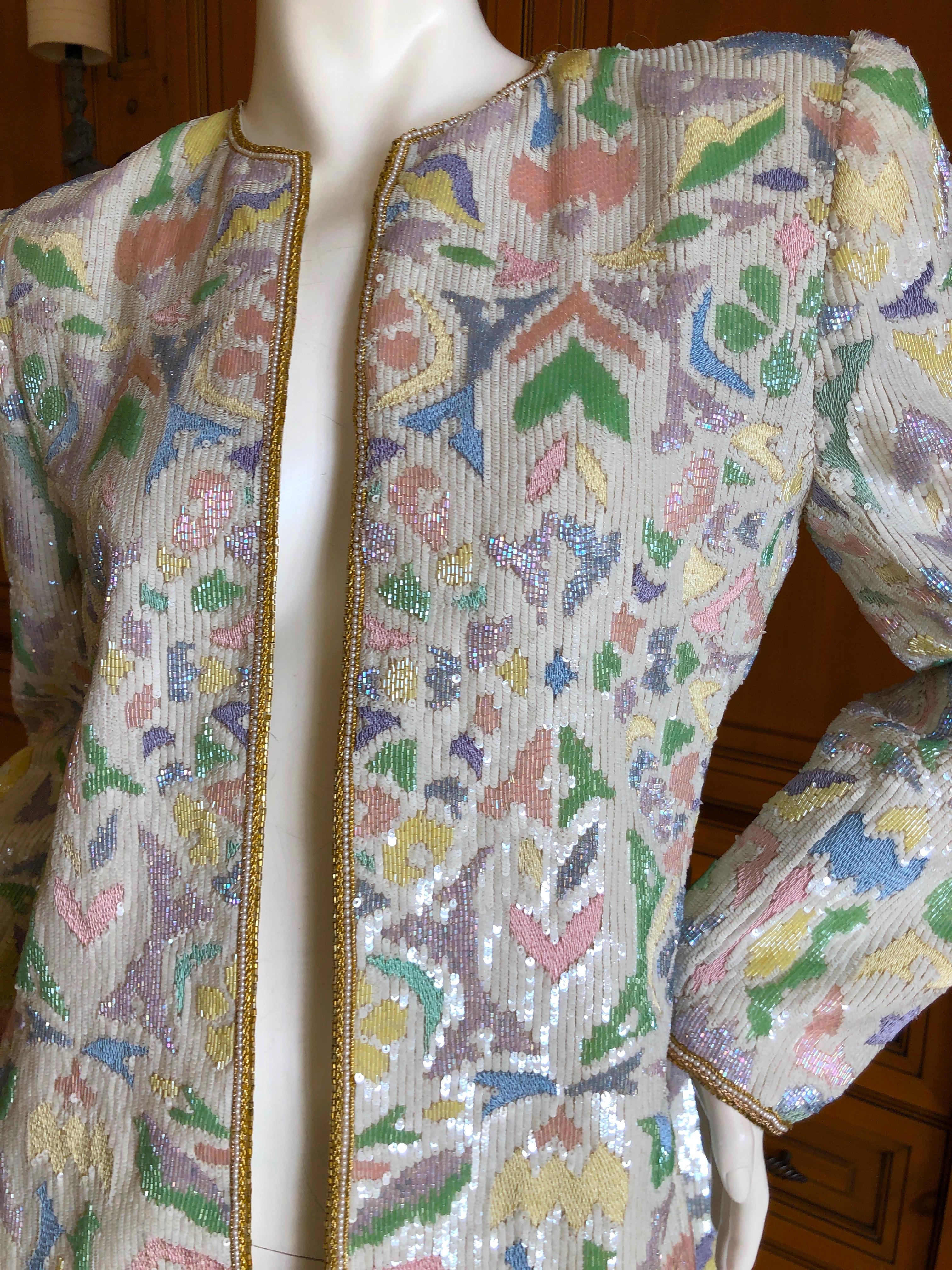 Oscar de la Renta 1980's Pastel Sequin and Pearl Embellished Evening Jacket Sz 6 In Excellent Condition For Sale In Cloverdale, CA