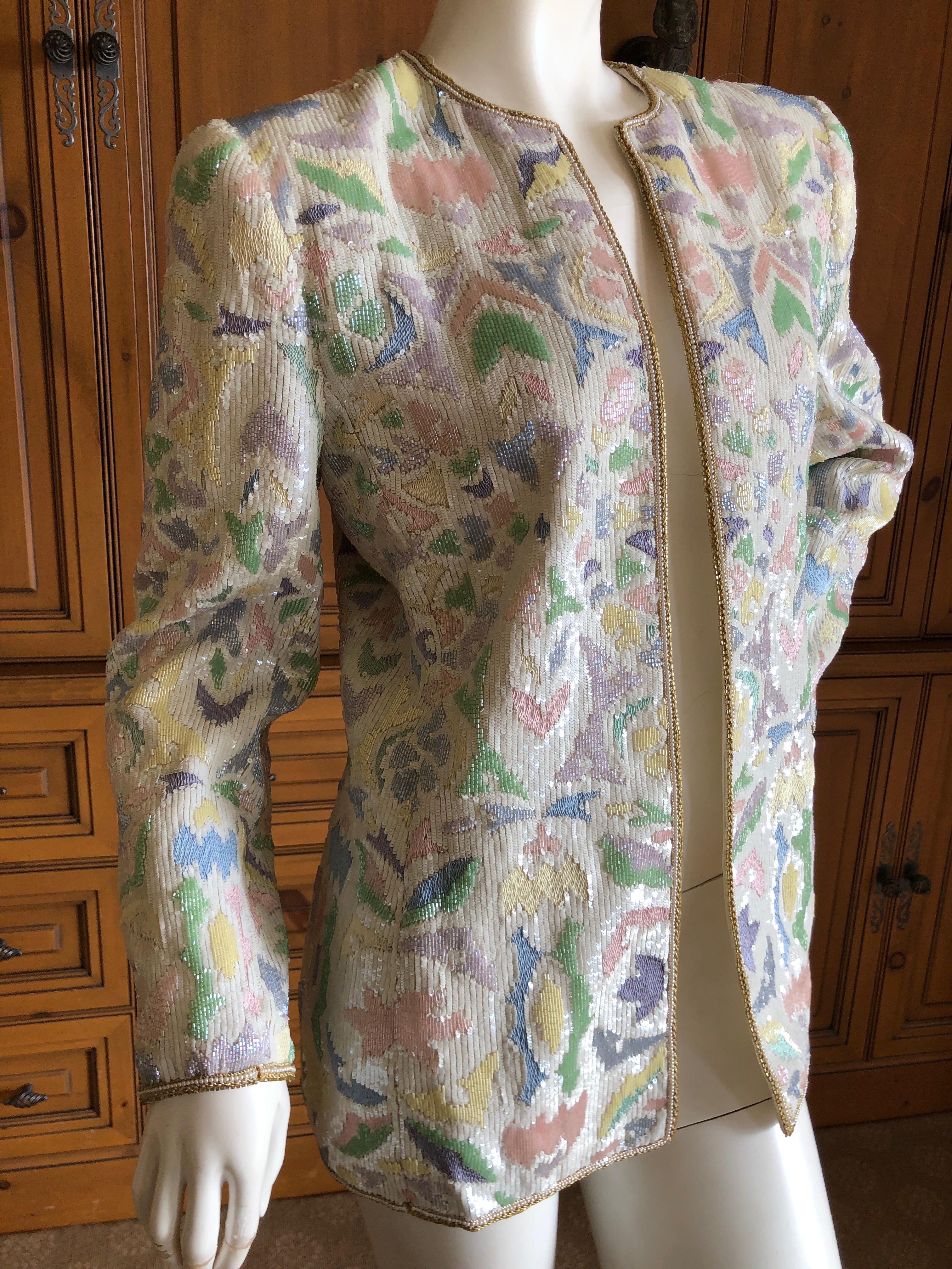 Oscar de la Renta 1980's Pastel Sequin and Pearl Embellished Evening Jacket Sz 6 For Sale 1