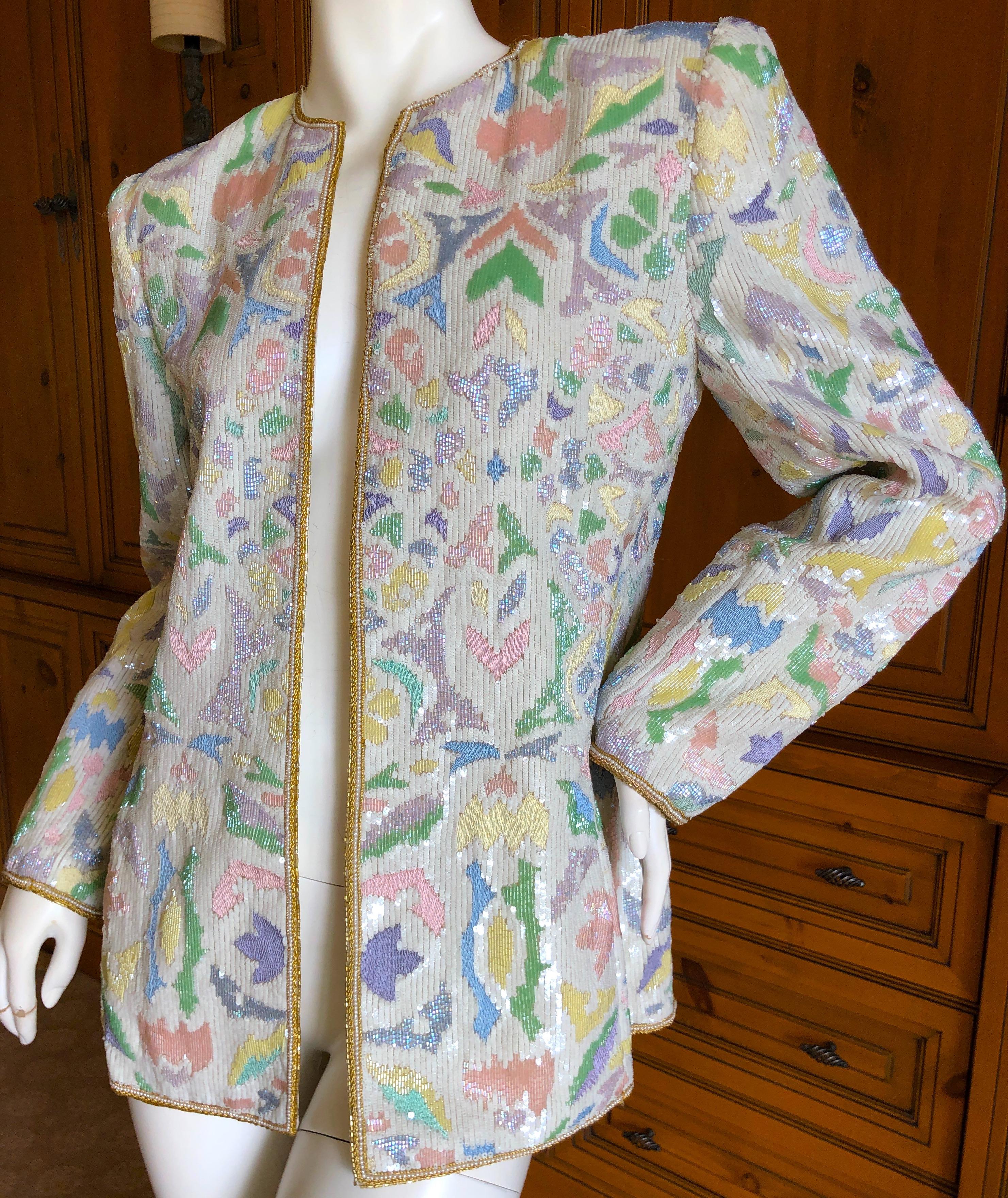 Oscar de la Renta 1980's Pastel Sequin and Pearl Embellished Evening Jacket Sz 6 For Sale 3