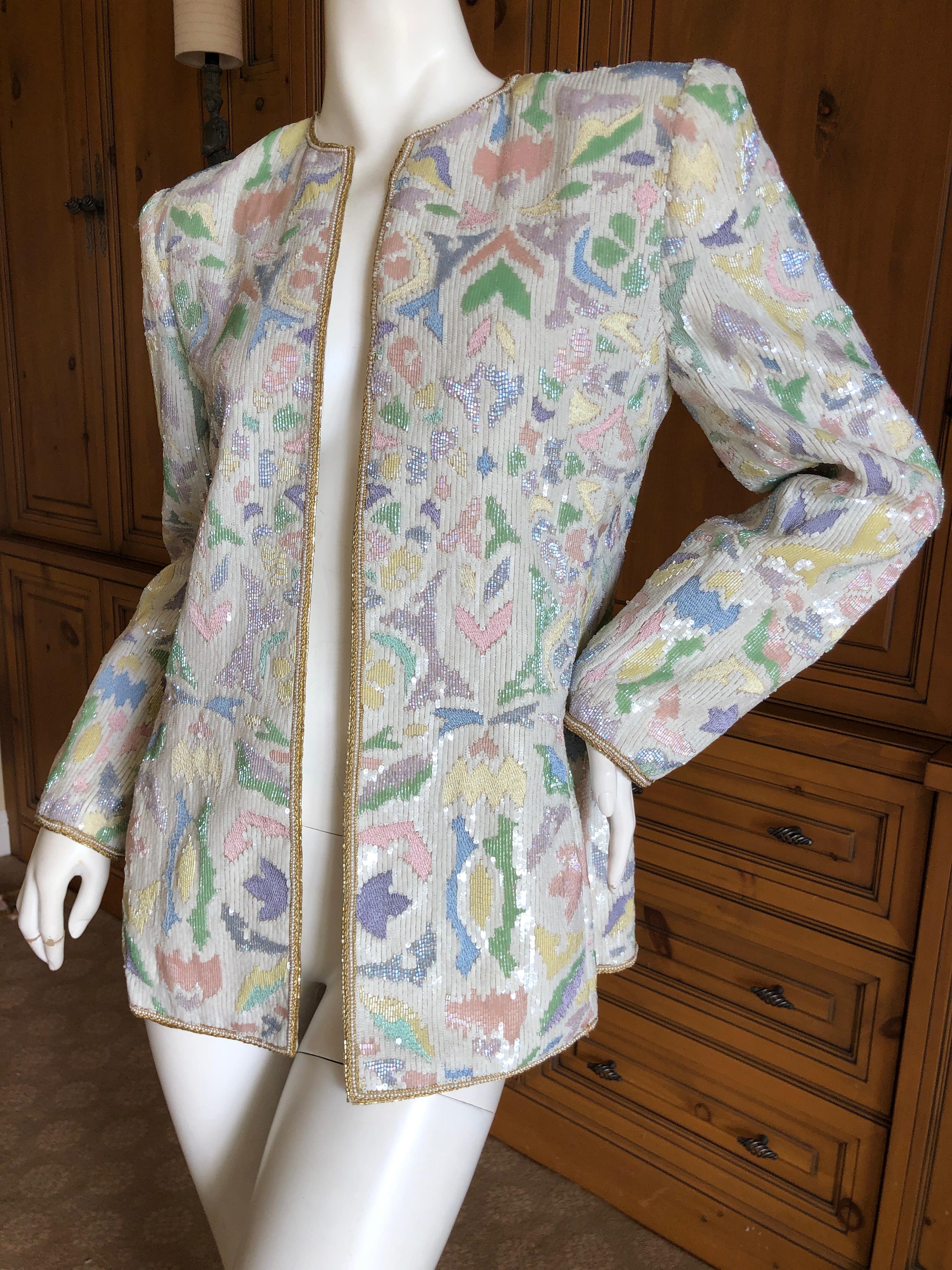 Oscar de la Renta 1980's Pastel Sequin and Pearl Embellished Evening Jacket Sz 6 For Sale 4