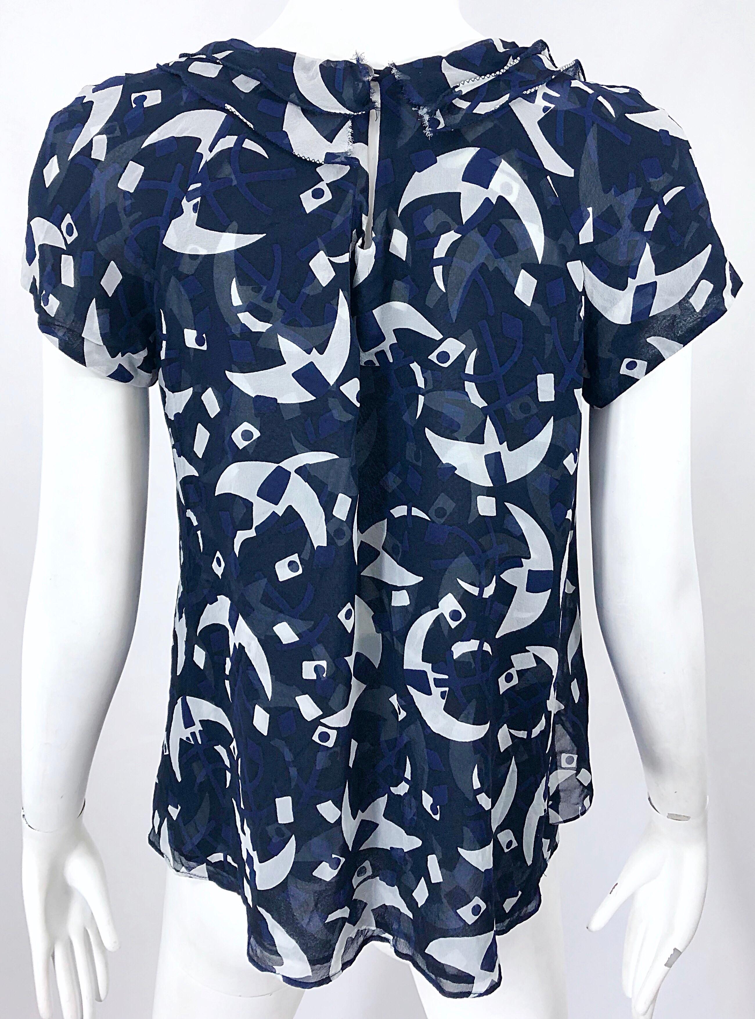 Oscar de la Renta 1990s Navy Blue + White Moon Novelty Print Chiffon Blouse Top 7