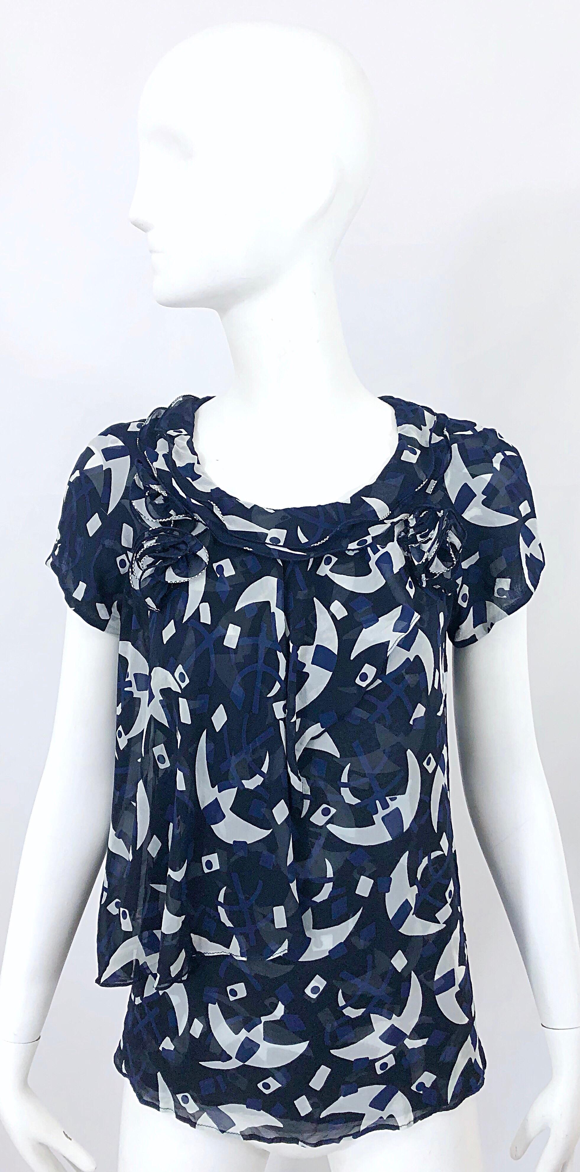 Oscar de la Renta 1990s Navy Blue + White Moon Novelty Print Chiffon Blouse Top 9