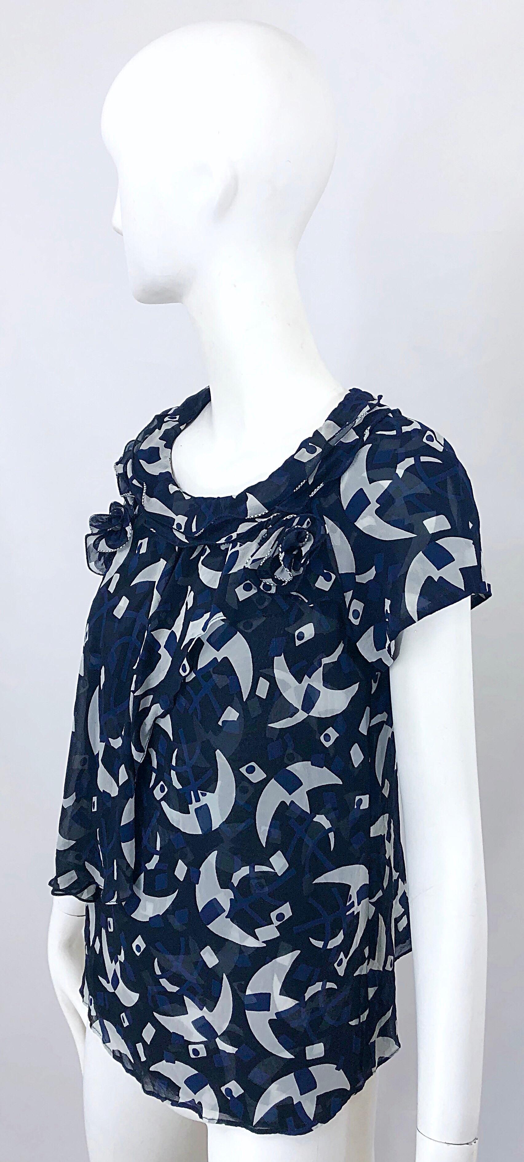 Women's Oscar de la Renta 1990s Navy Blue + White Moon Novelty Print Chiffon Blouse Top