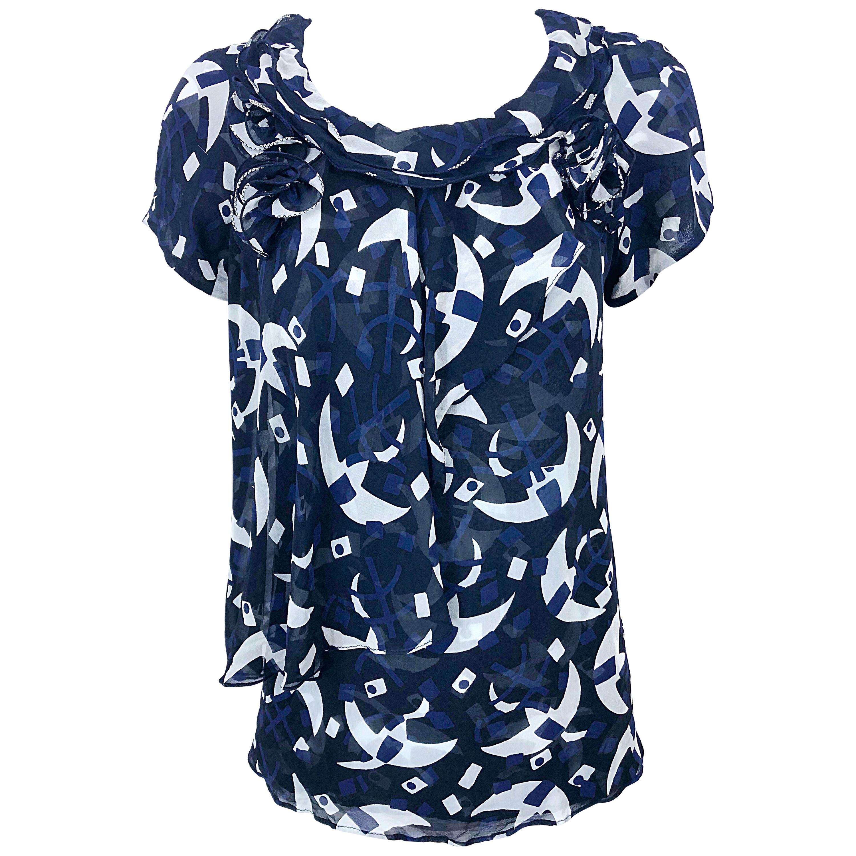 Oscar de la Renta 1990s Navy Blue + White Moon Novelty Print Chiffon Blouse Top