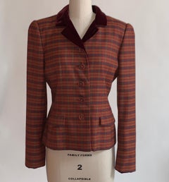 Oscar de la Renta 1990s Rust Orange Plaid Blazer Jacket Burgundy Velvet Collar