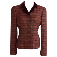 Retro Oscar de la Renta 1990s Rust Orange Plaid Blazer Jacket Burgundy Velvet Collar