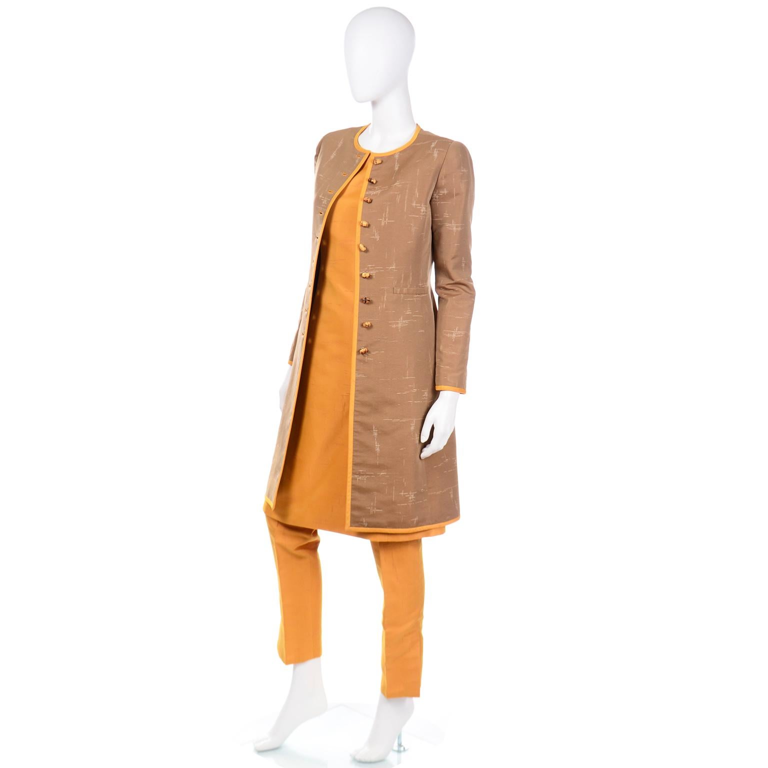 Brown Oscar de la Renta 1990s Vintage 1960s inspired Coat Pants and Dress Outfit For Sale