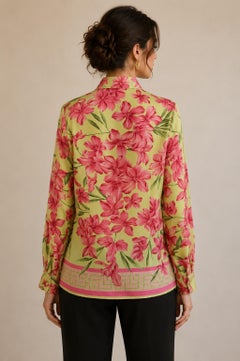 Oscar De La Renta 1990s Vintage Silk Floral Blouse in Pink Green Print