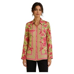Oscar De La Renta 1990s Vintage Silk Floral Blouse in Pink Green Print