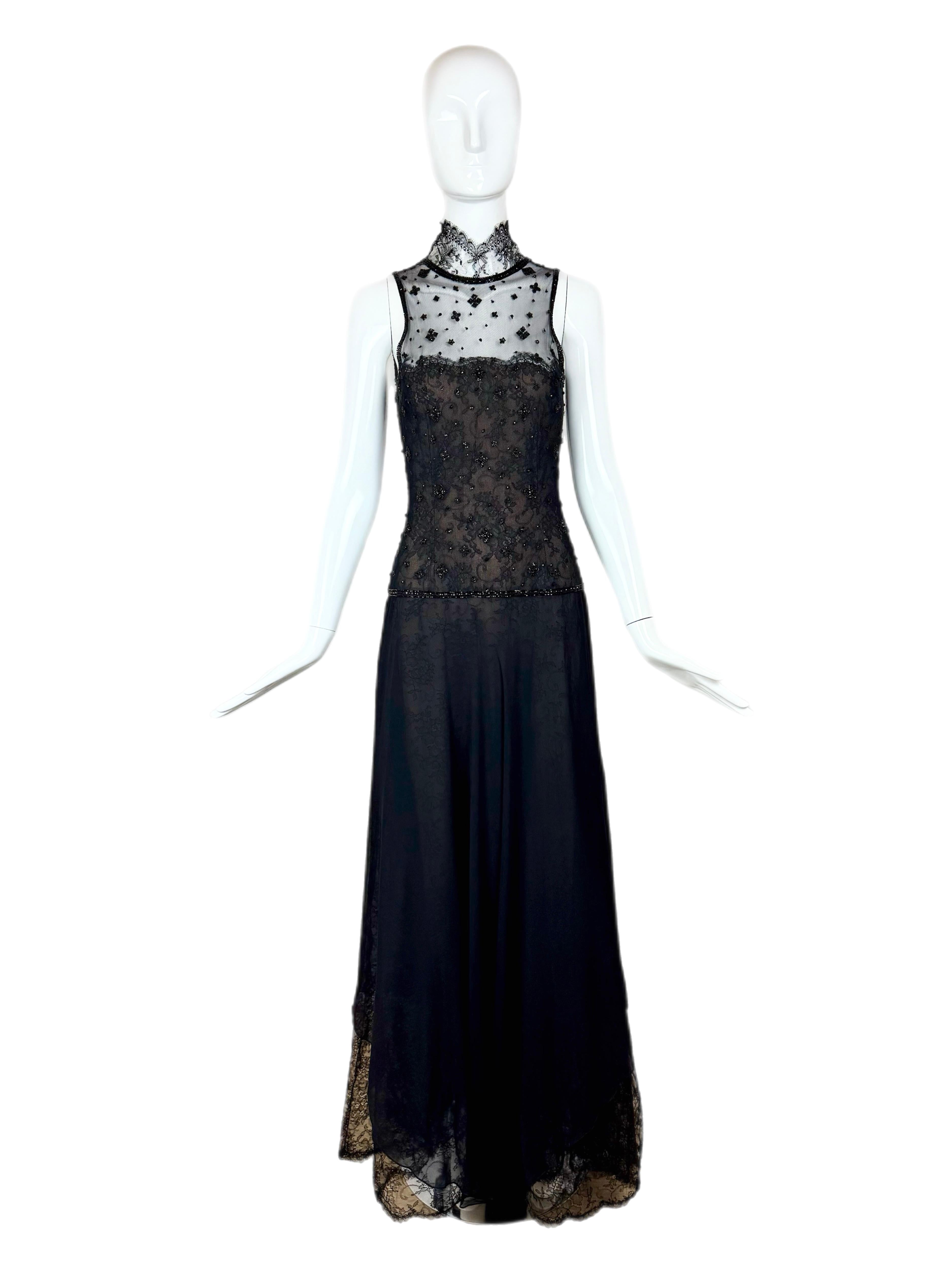 OSCAR DE LA RENTA 1996 Vintage Pasarela Vestido de noche Maxi Vestido de encaje adornado Negro