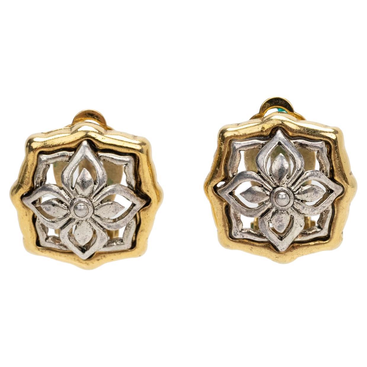 Oscar de La Renta 2 Tone Flower Clip Earrings For Sale