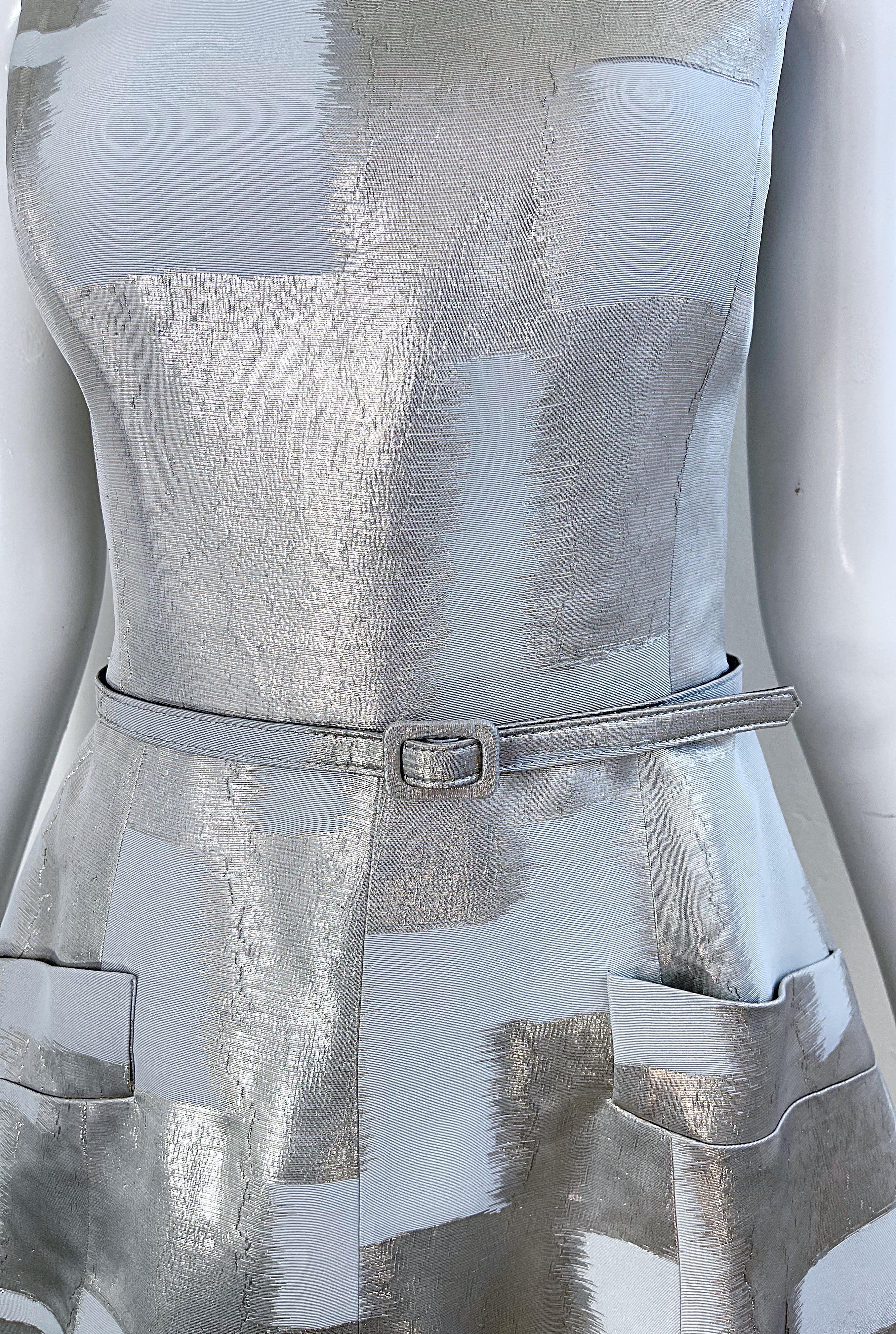 Oscar de la Renta 2000s Size 4 Silver Metallic Abstract Belted Fit n Flare Dress For Sale 7