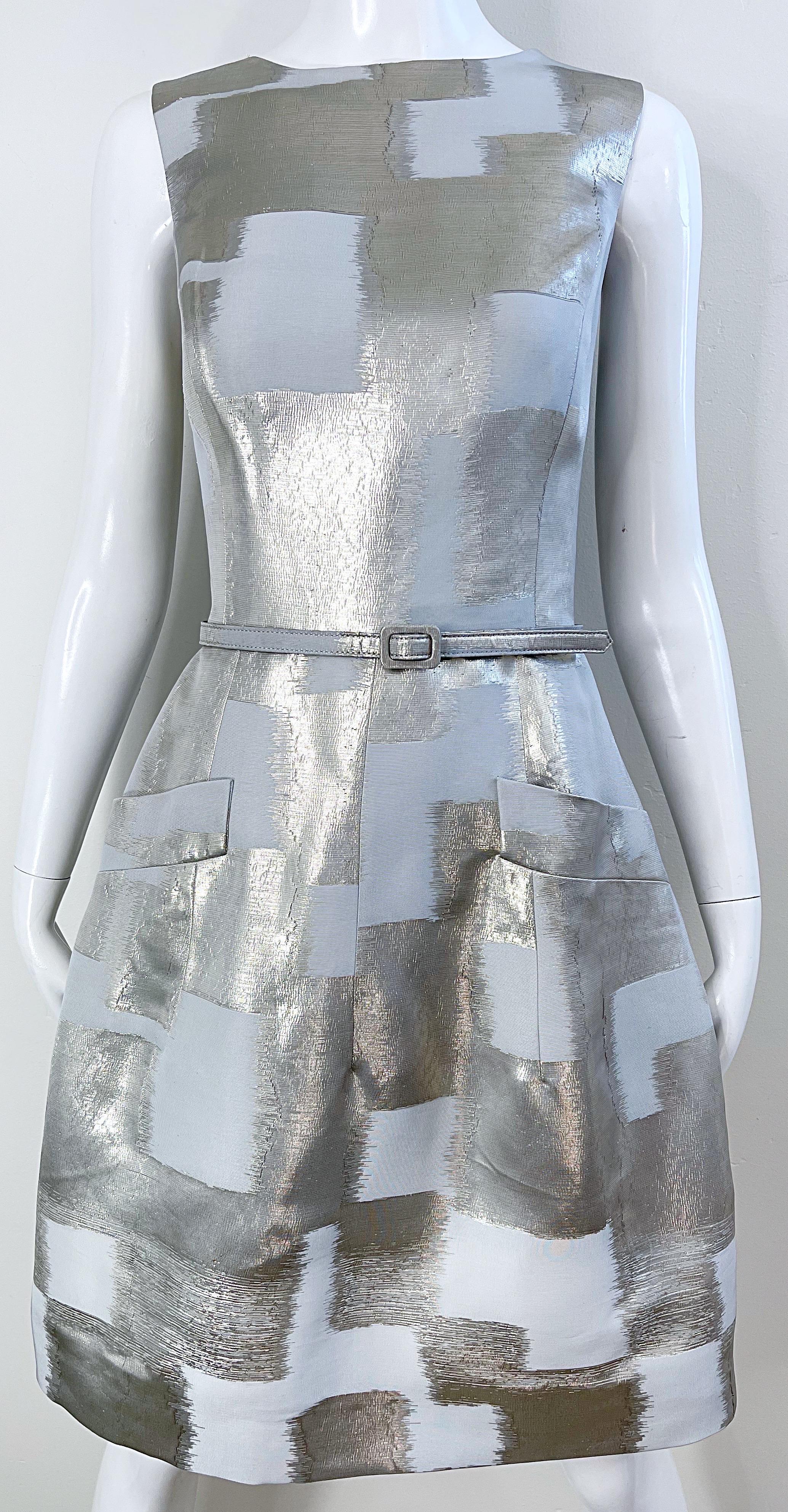 Oscar de la Renta 2000s Size 4 Silver Metallic Abstract Belted Fit n Flare Dress For Sale 4