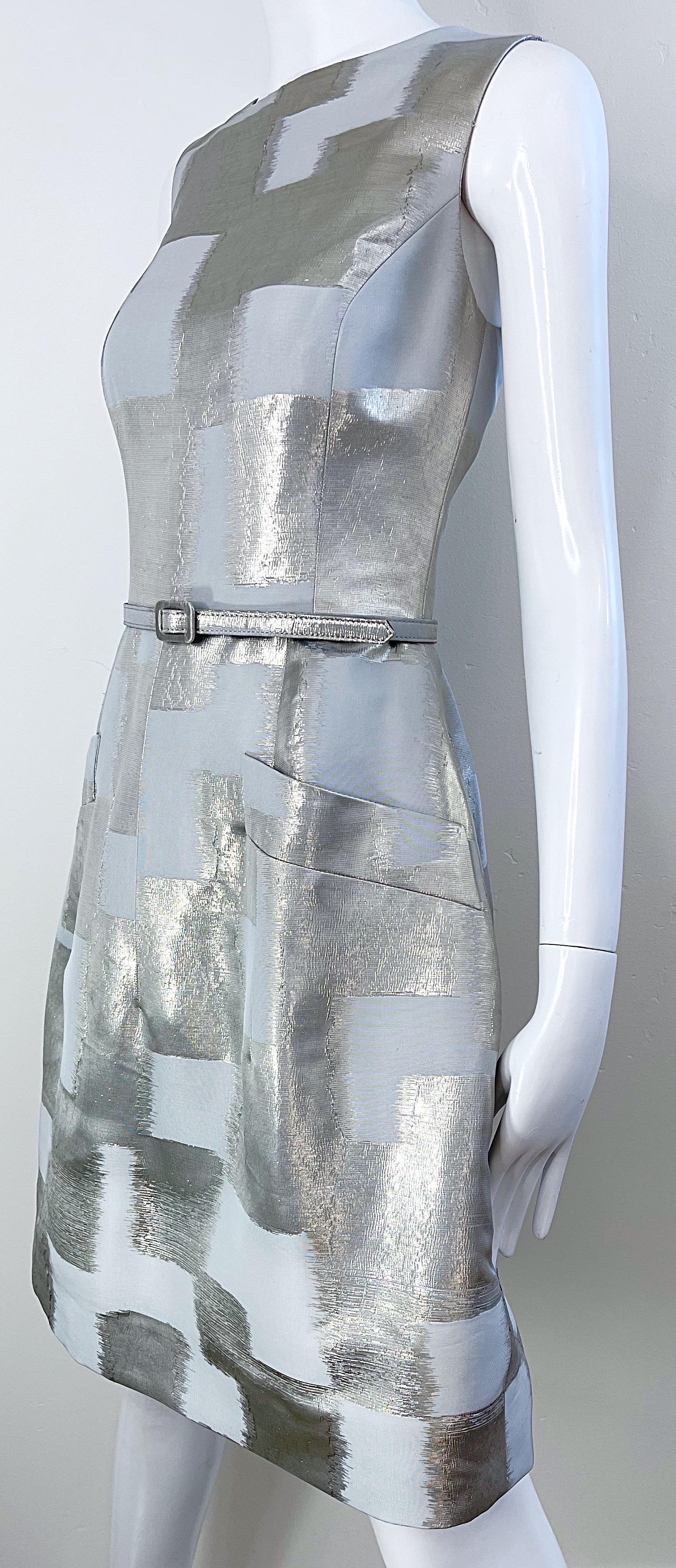 Oscar de la Renta 2000s Size 4 Silver Metallic Abstract Belted Fit n Flare Dress For Sale 5