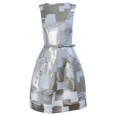 Oscar de la Renta 2000s Size 4 Silver Metallic Abstract Belted Fit n Flare Dress