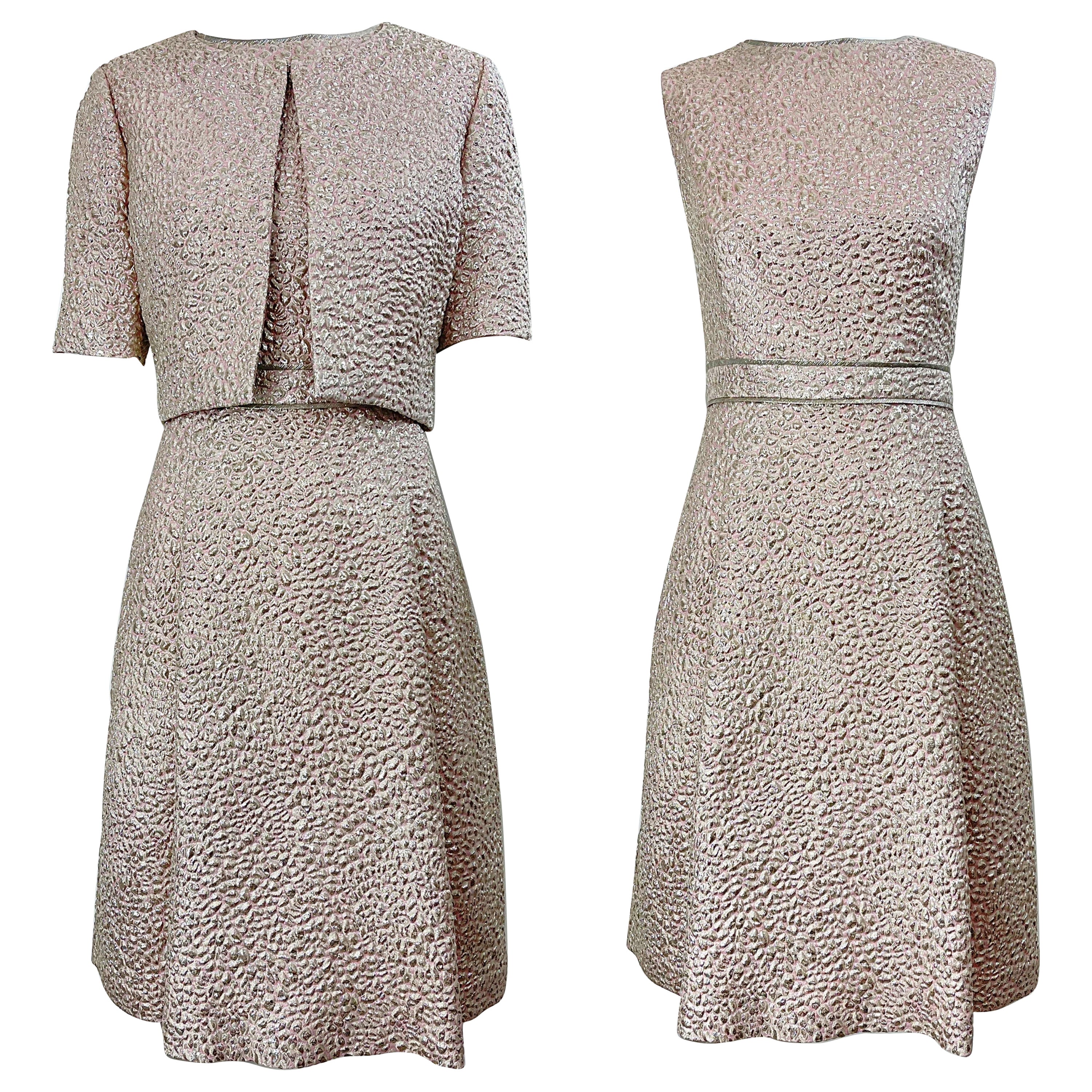 Oscar De La Renta 2000s Talla 8 Rosa Oro Plata Seda Vestido Vintage Chaqueta Bolero