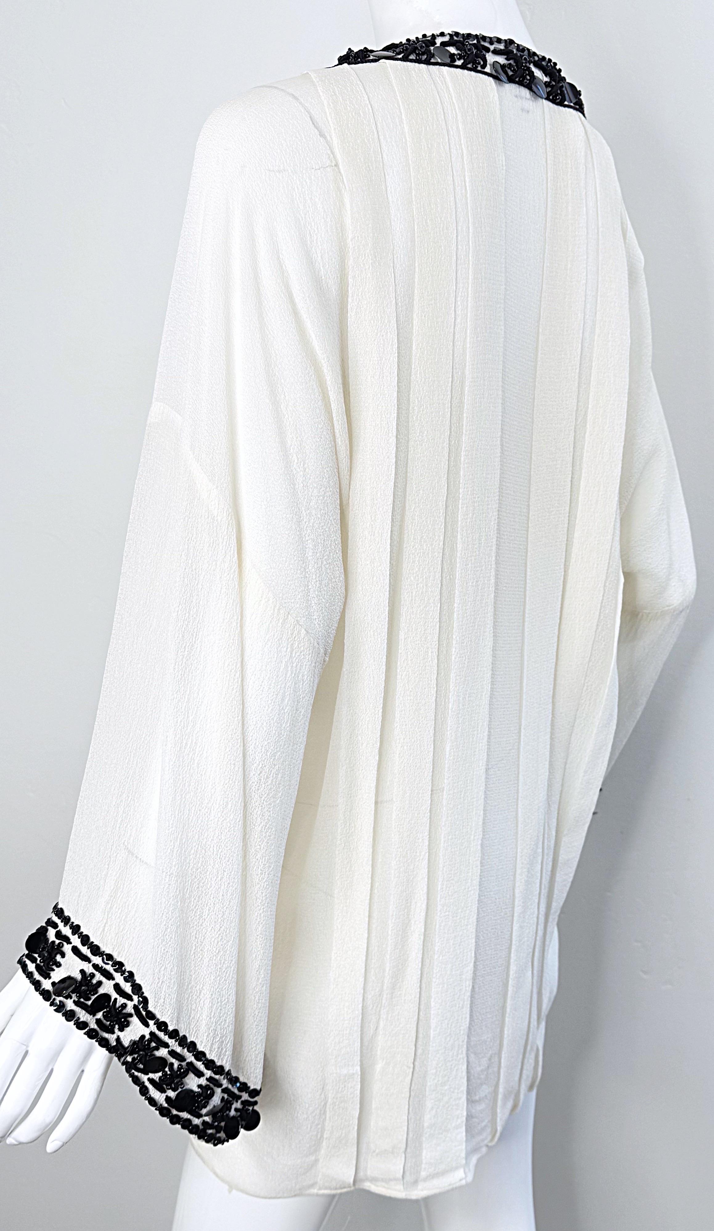 Oscar de la Renta 2000s Size Large Black White Beaded Sequin Vintage Tunic Top For Sale 5