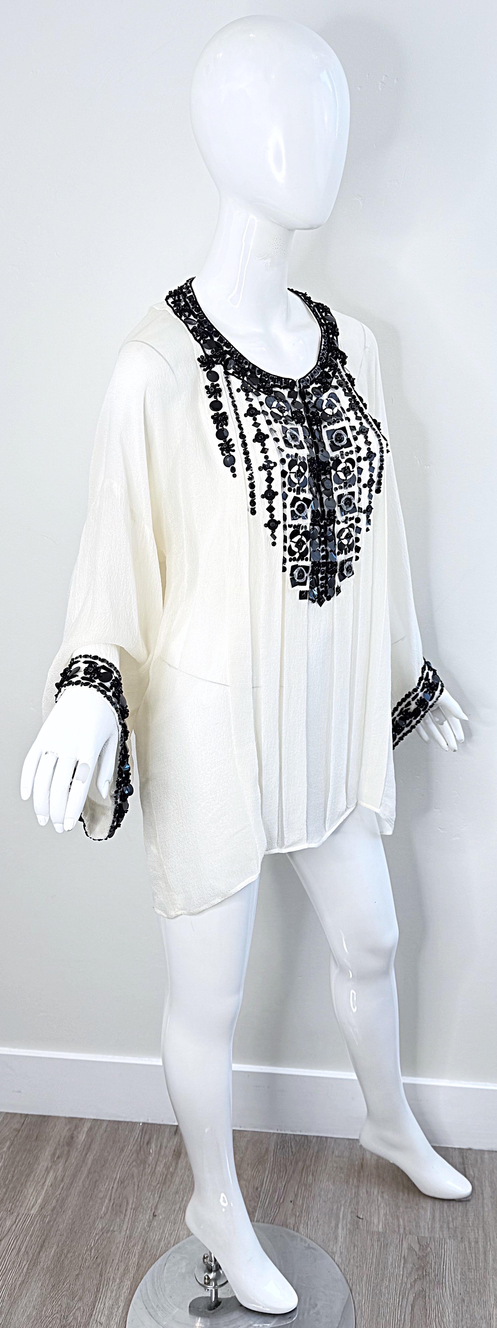 Oscar de la Renta 2000s Size Large Black White Beaded Sequin Vintage Tunic Top For Sale 6