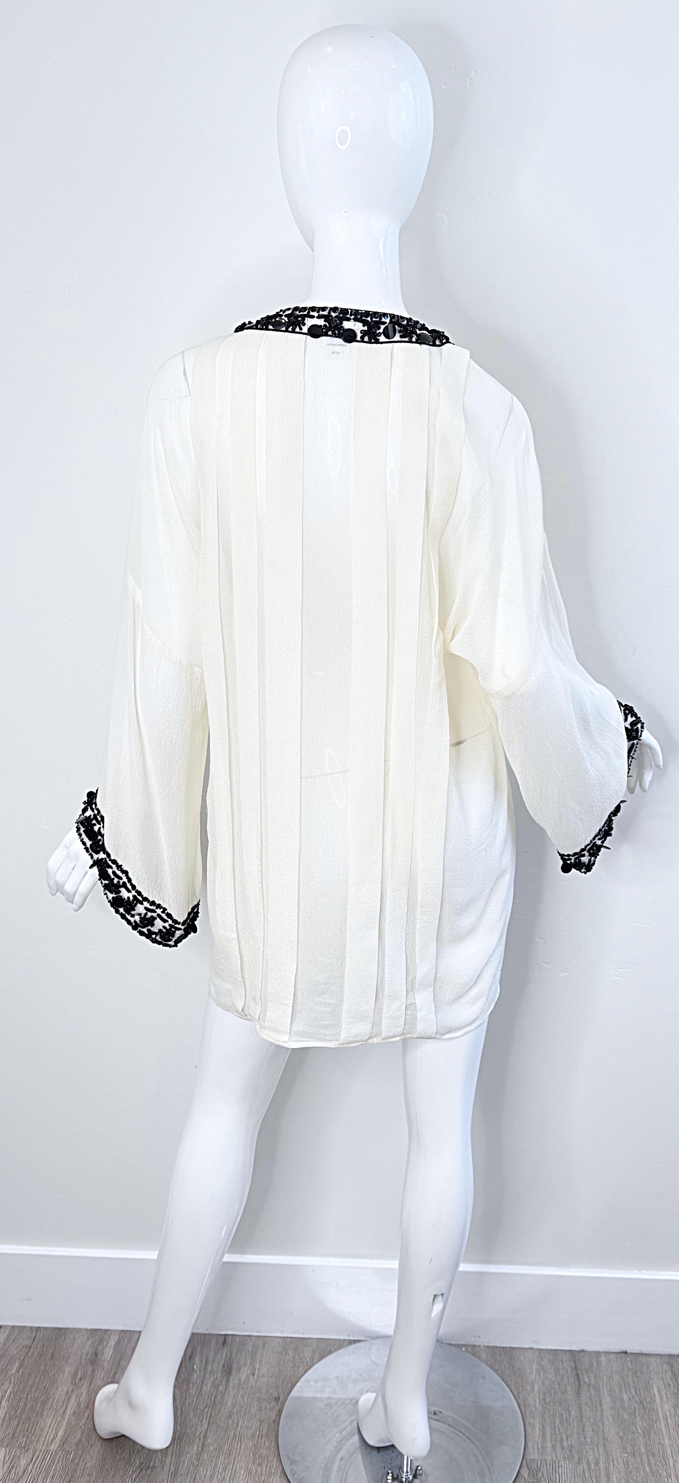 Oscar de la Renta 2000s Size Large Black White Beaded Sequin Vintage Tunic Top For Sale 7