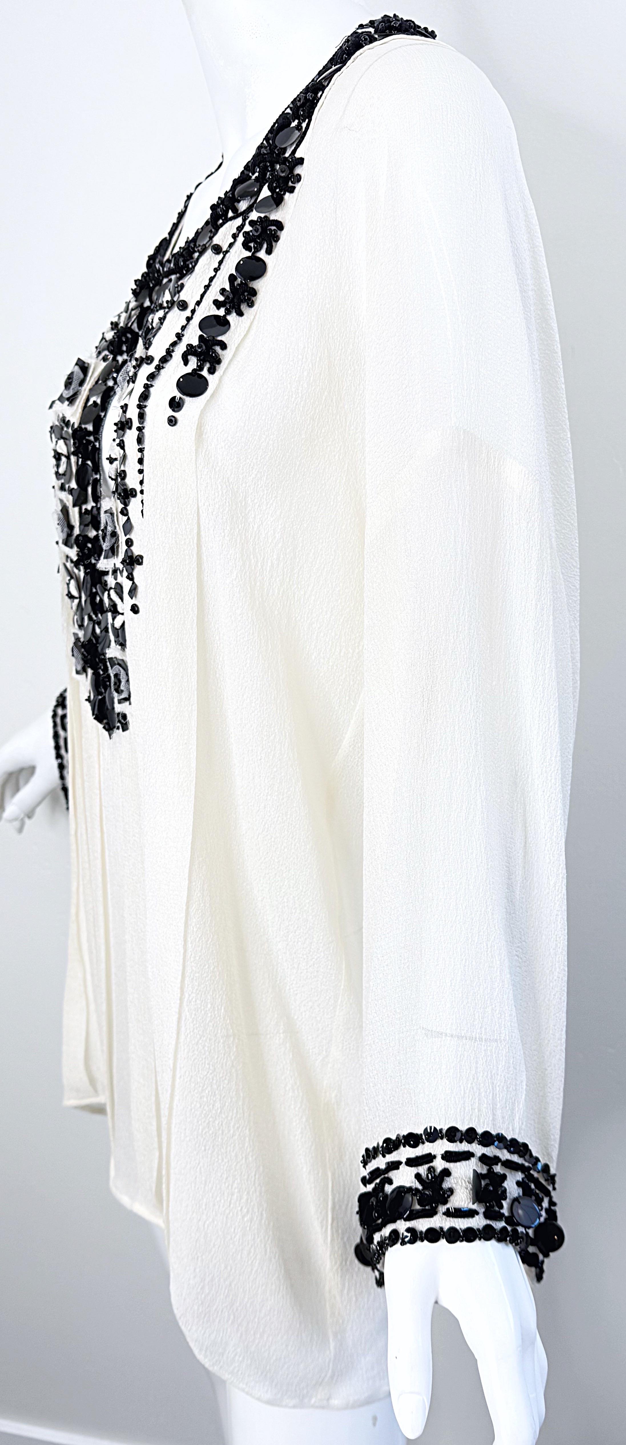 Oscar de la Renta 2000s Size Large Black White Beaded Sequin Vintage Tunic Top For Sale 8