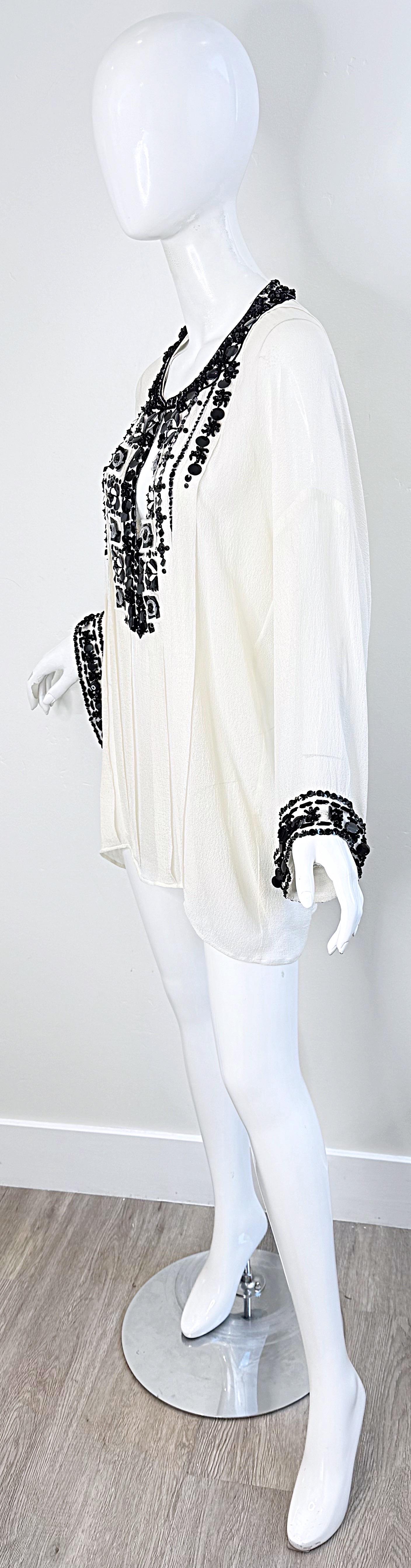 Oscar de la Renta 2000s Size Large Black White Beaded Sequin Vintage Tunic Top For Sale 9