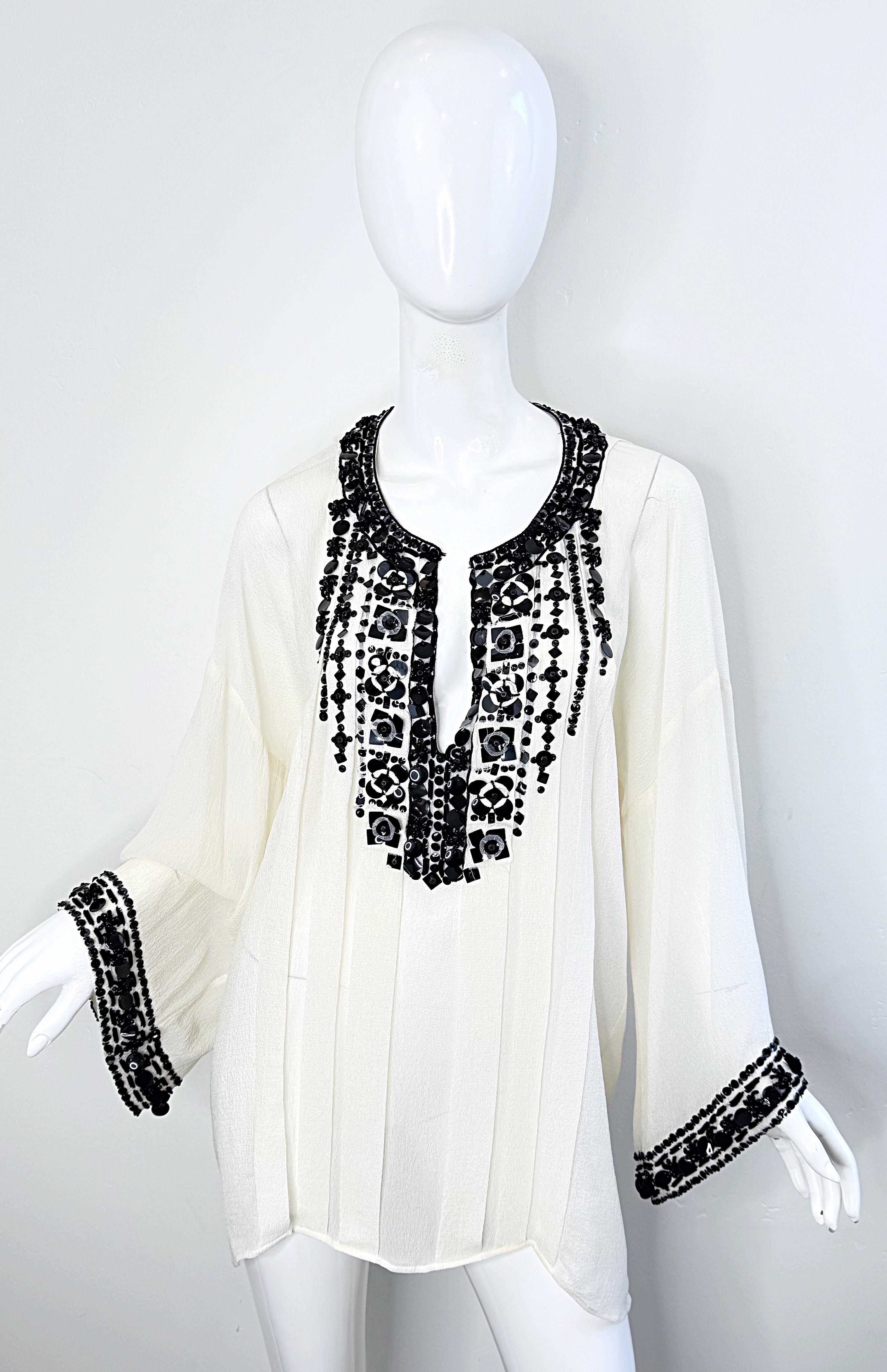 Oscar de la Renta 2000s Size Large Black White Beaded Sequin Vintage Tunic Top For Sale 10