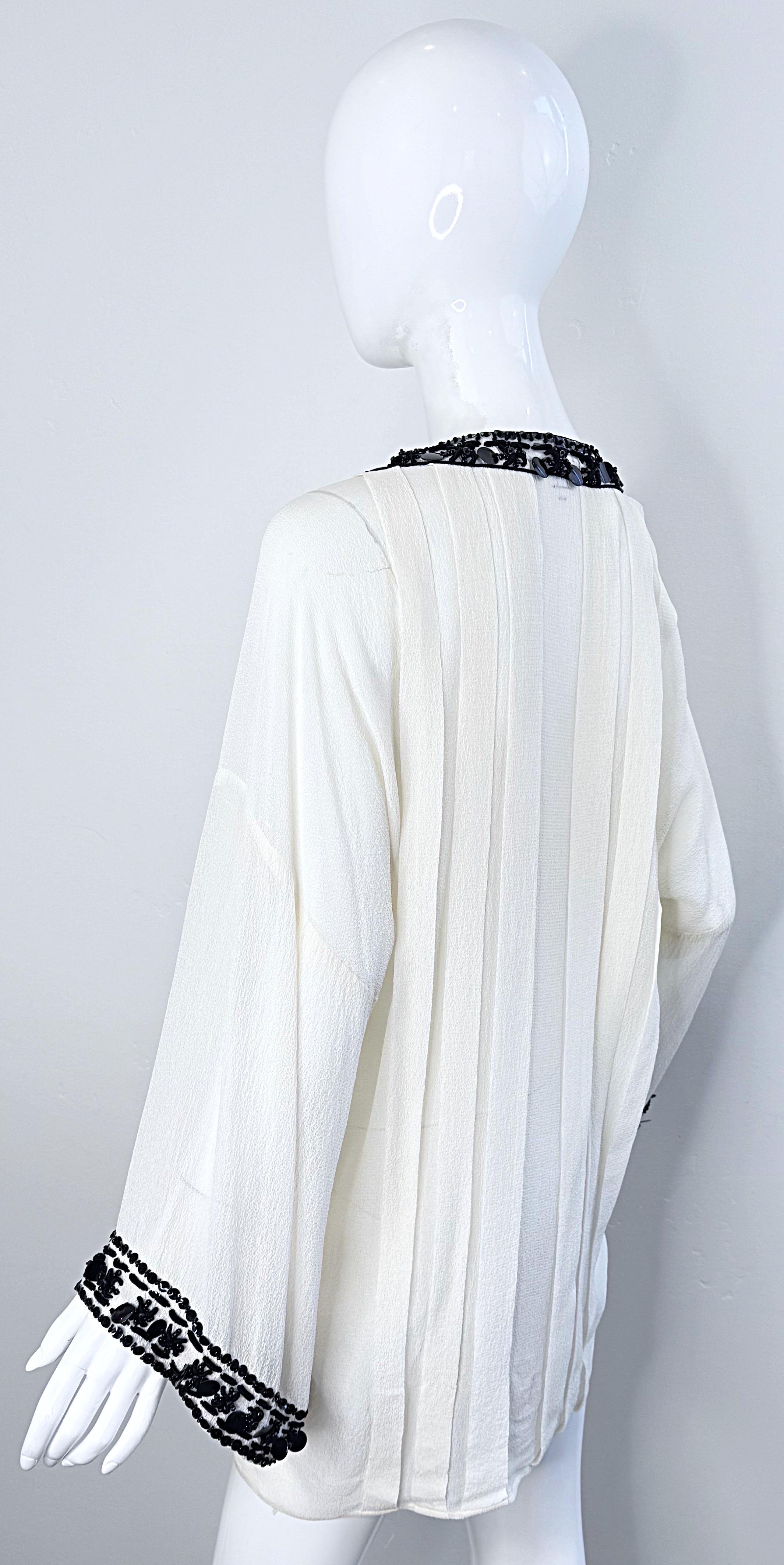 Oscar de la Renta 2000s Size Large Black White Beaded Sequin Vintage Tunic Top For Sale 11