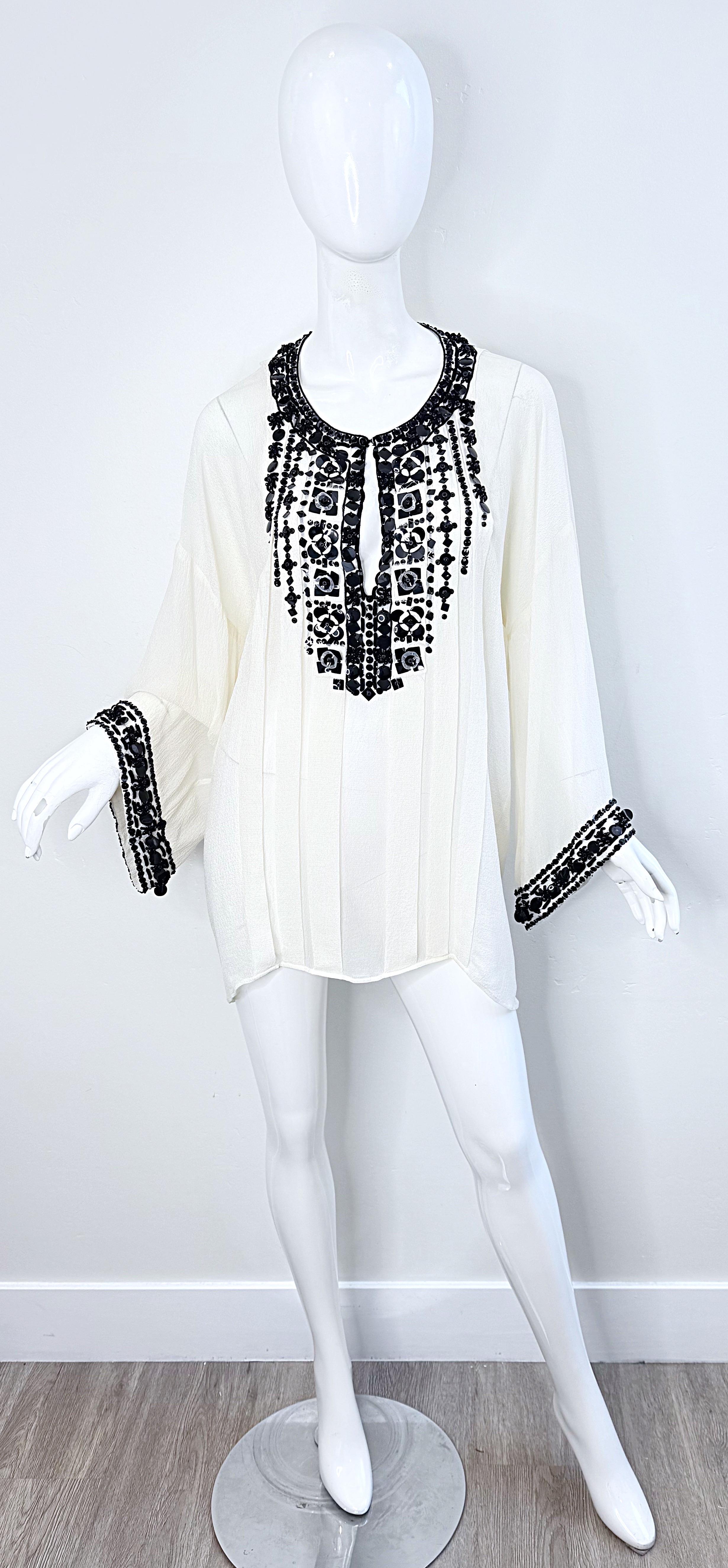 Oscar de la Renta 2000s Size Large Black White Beaded Sequin Vintage Tunic Top For Sale 12