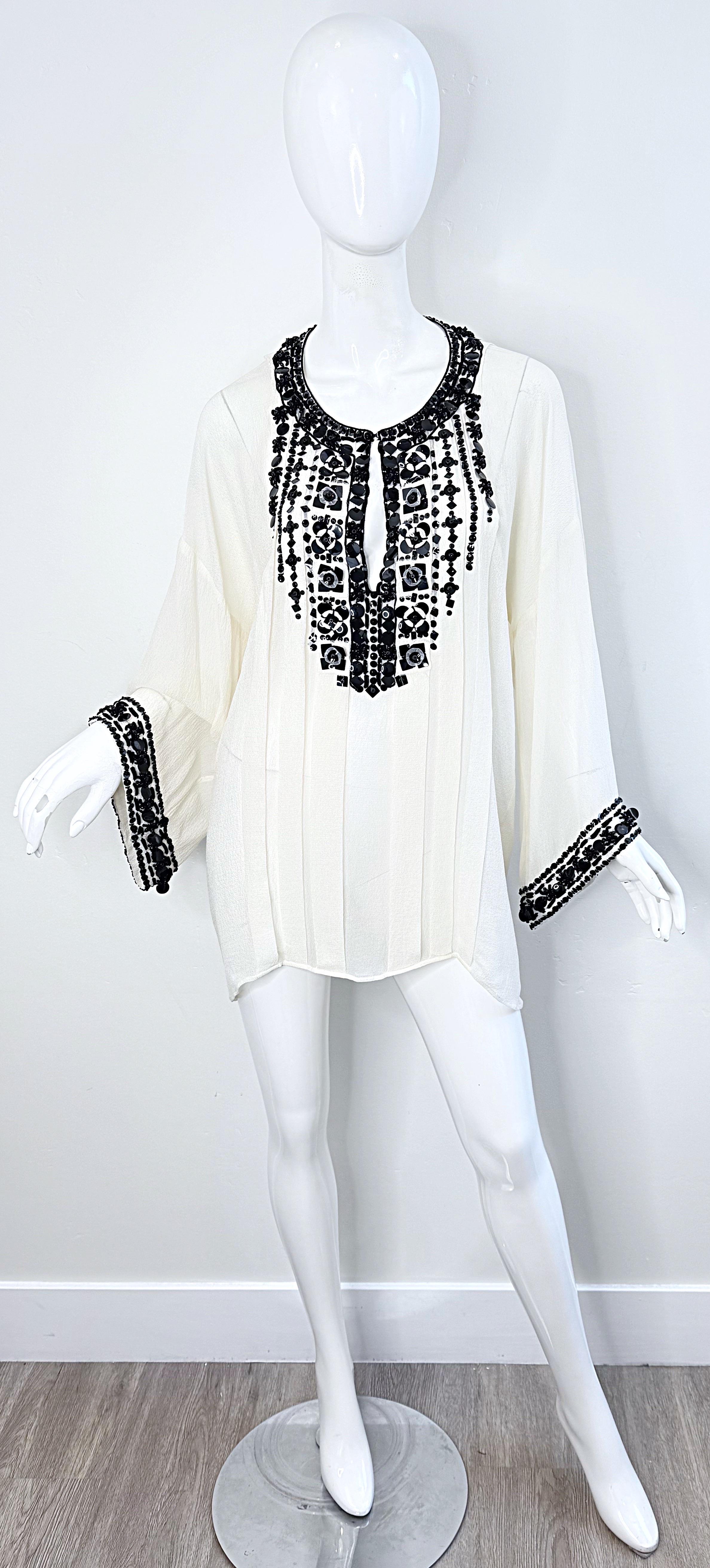 Gray Oscar de la Renta 2000s Size Large Black White Beaded Sequin Vintage Tunic Top For Sale