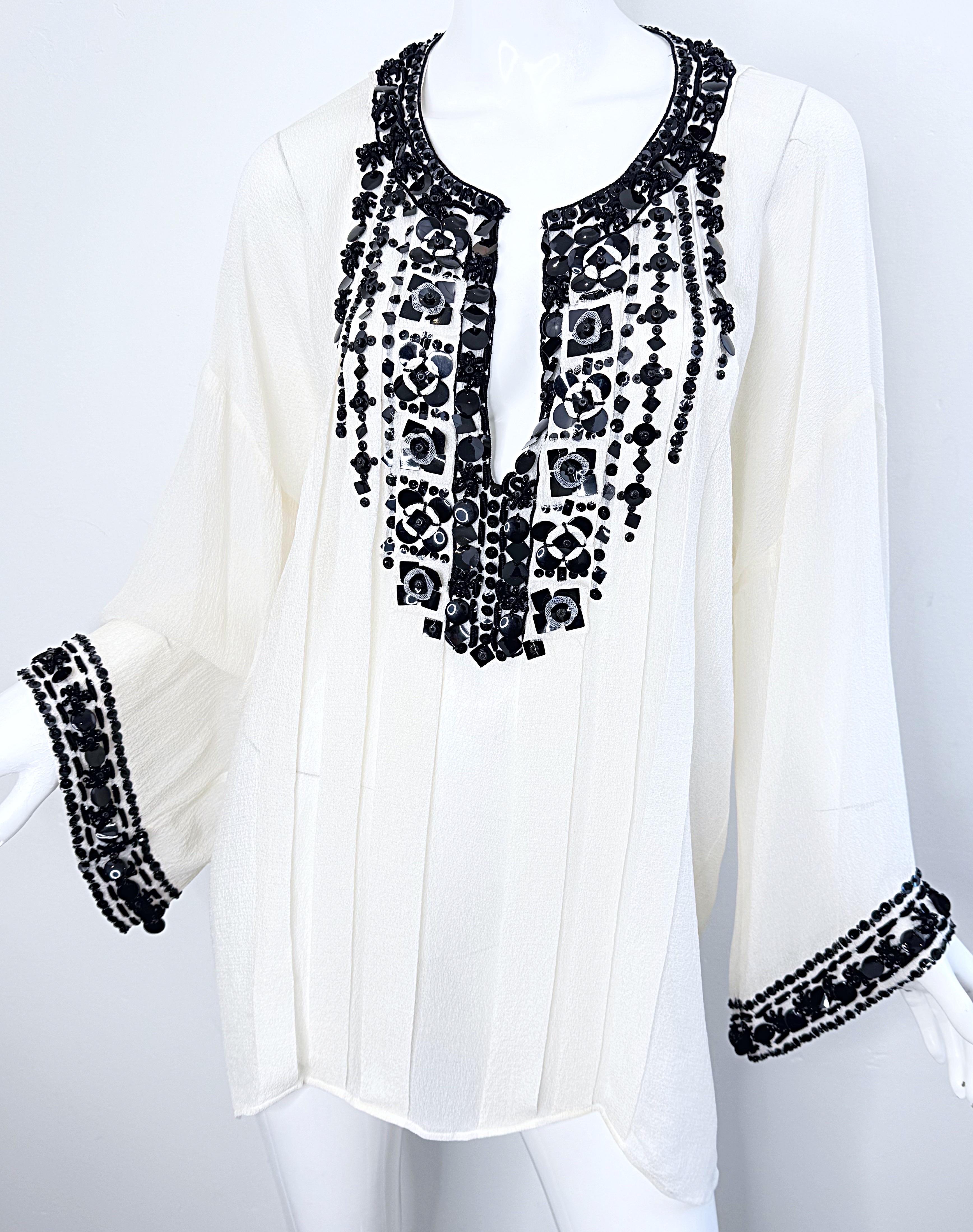 Oscar de la Renta 2000s Size Large Black White Beaded Sequin Vintage Tunic Top For Sale 2