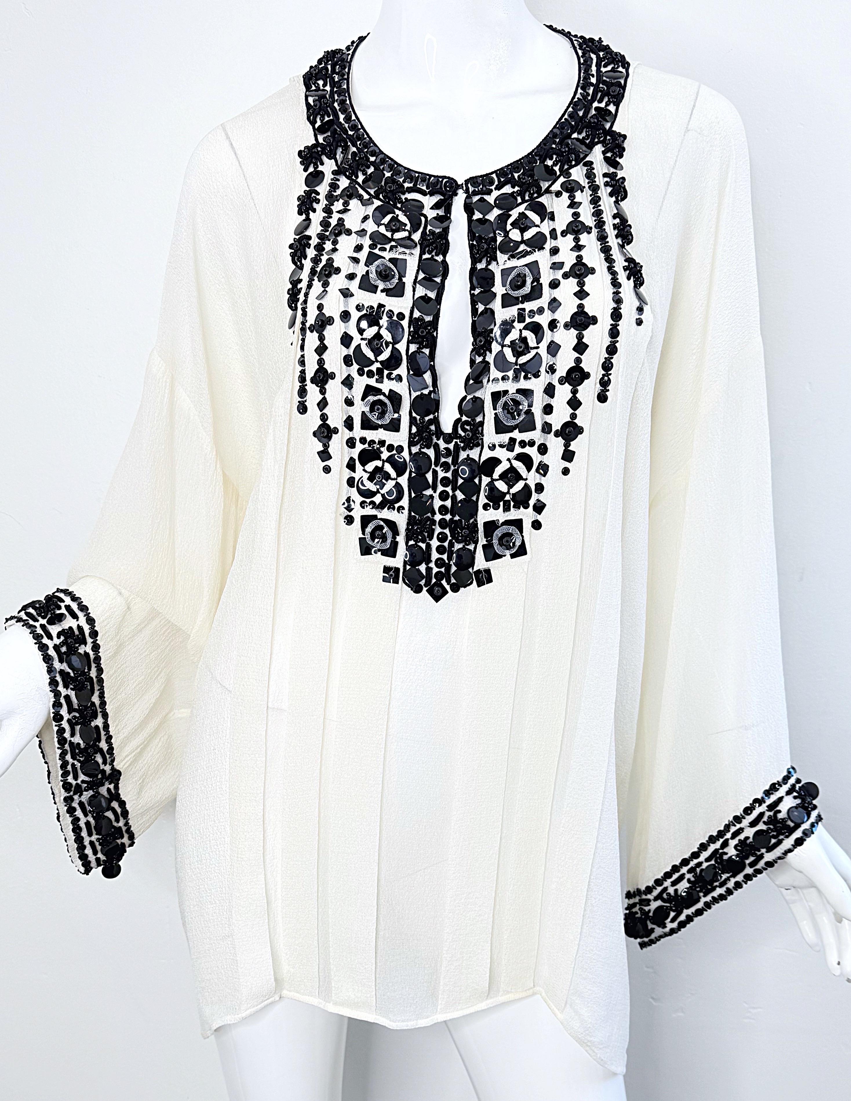 Oscar de la Renta 2000s Size Large Black White Beaded Sequin Vintage Tunic Top For Sale 4