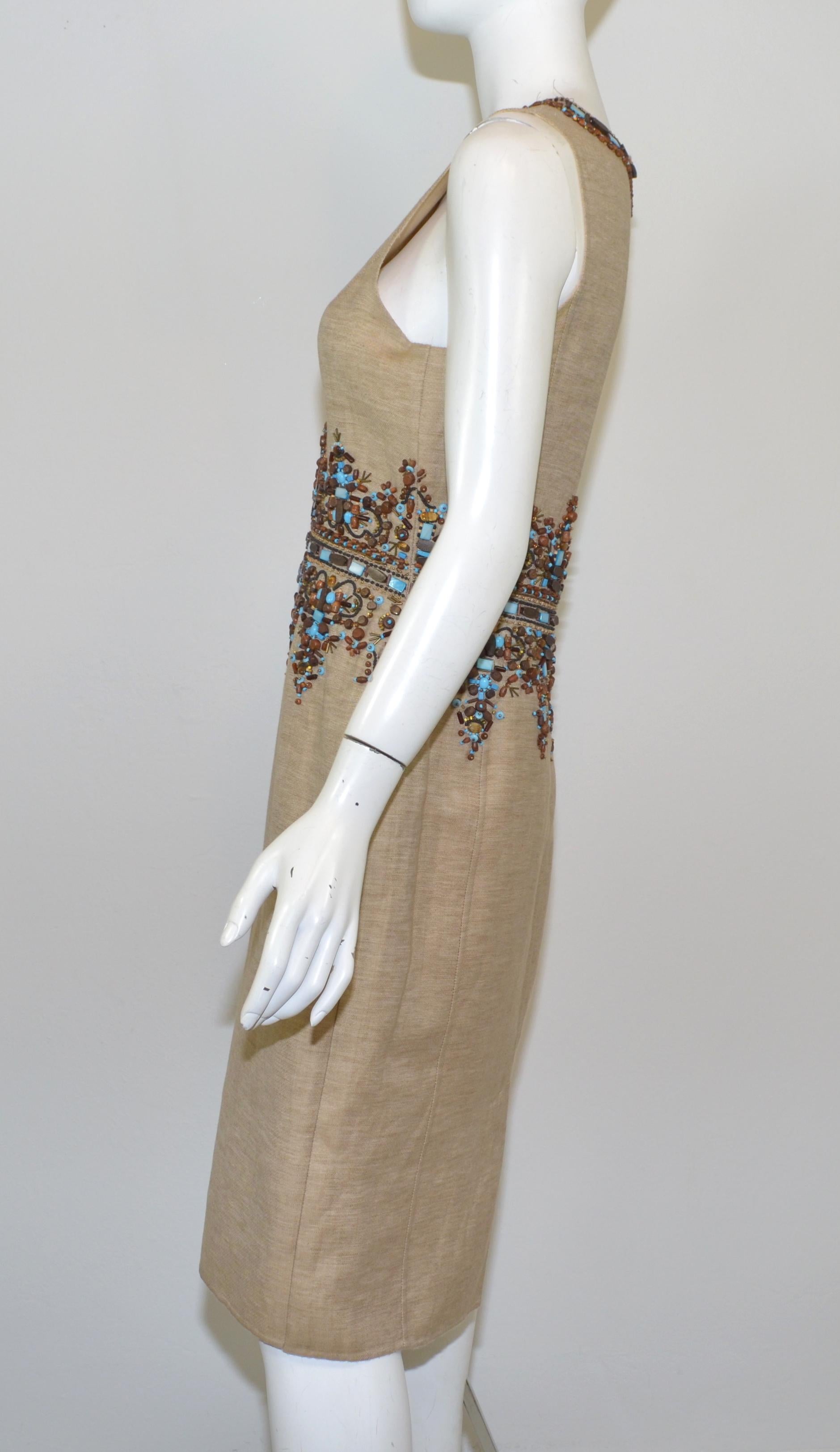 Oscar de la Renta 2006 Resort Perlenbesetztes Leinenkleid im Zustand „Hervorragend“ im Angebot in Carmel, CA