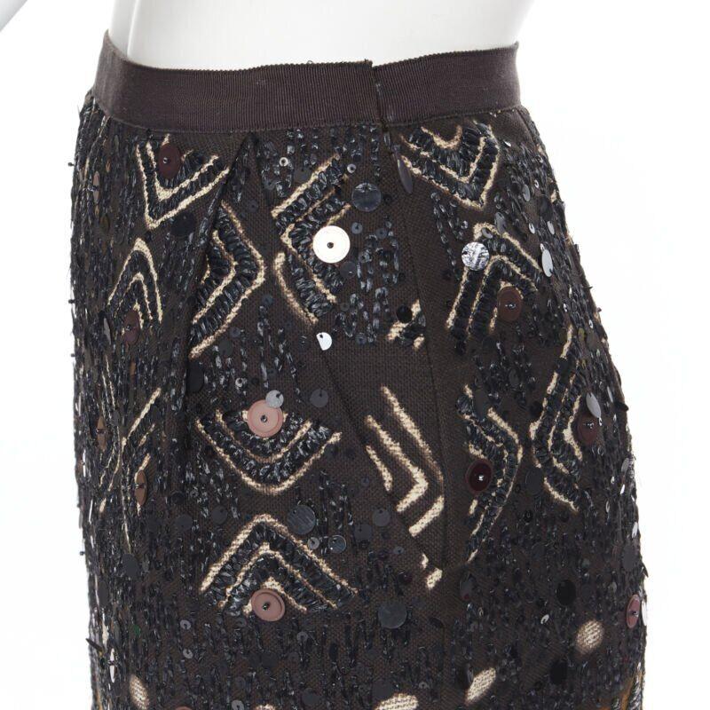 OSCAR DE LA RENTA 2008 brown raffia sequins embellished jacquard skirt US0 24